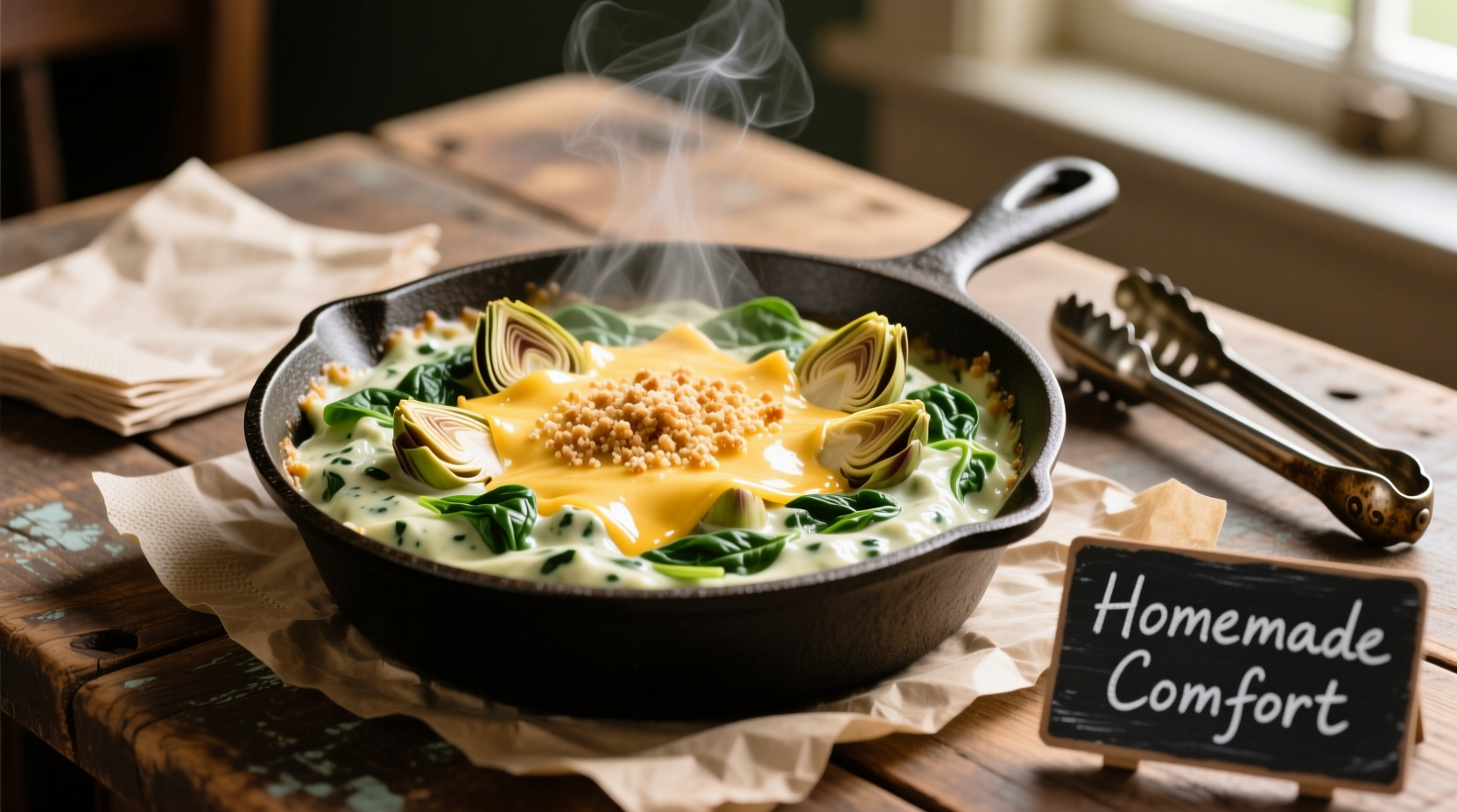 Creamy spinach and artichoke dip in cast iron skillet