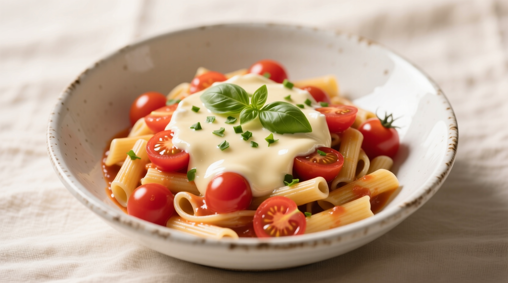 Creamy boursin tomato pasta in white bowl with basil garnish