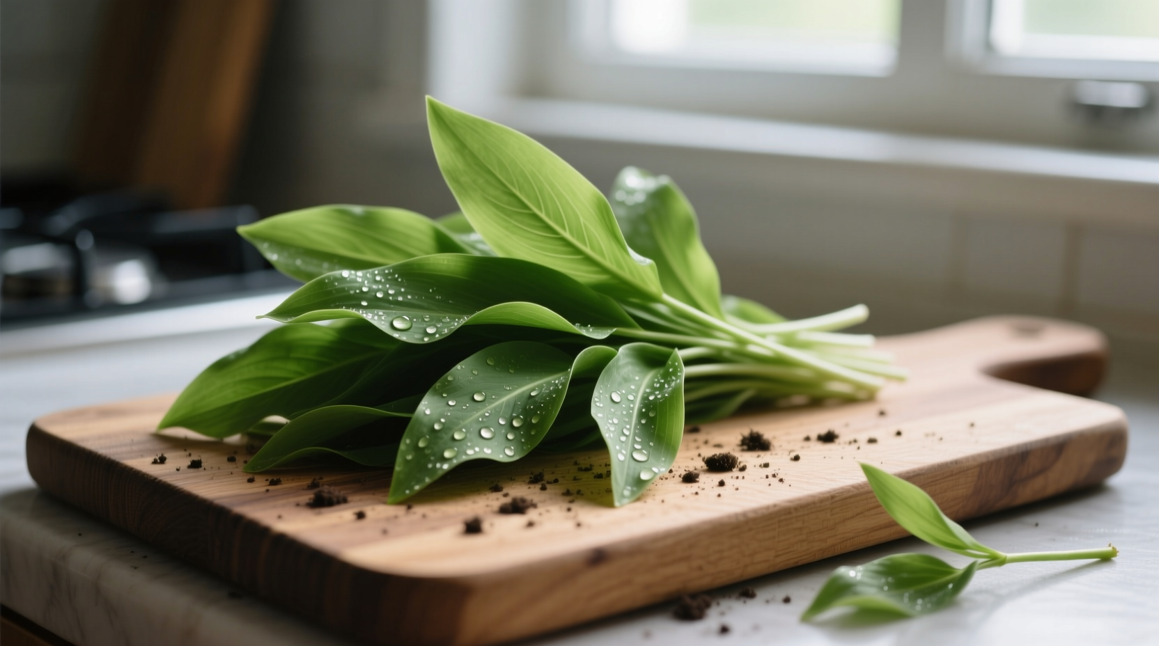 Fresh wild garlic leaves on wooden cutting board