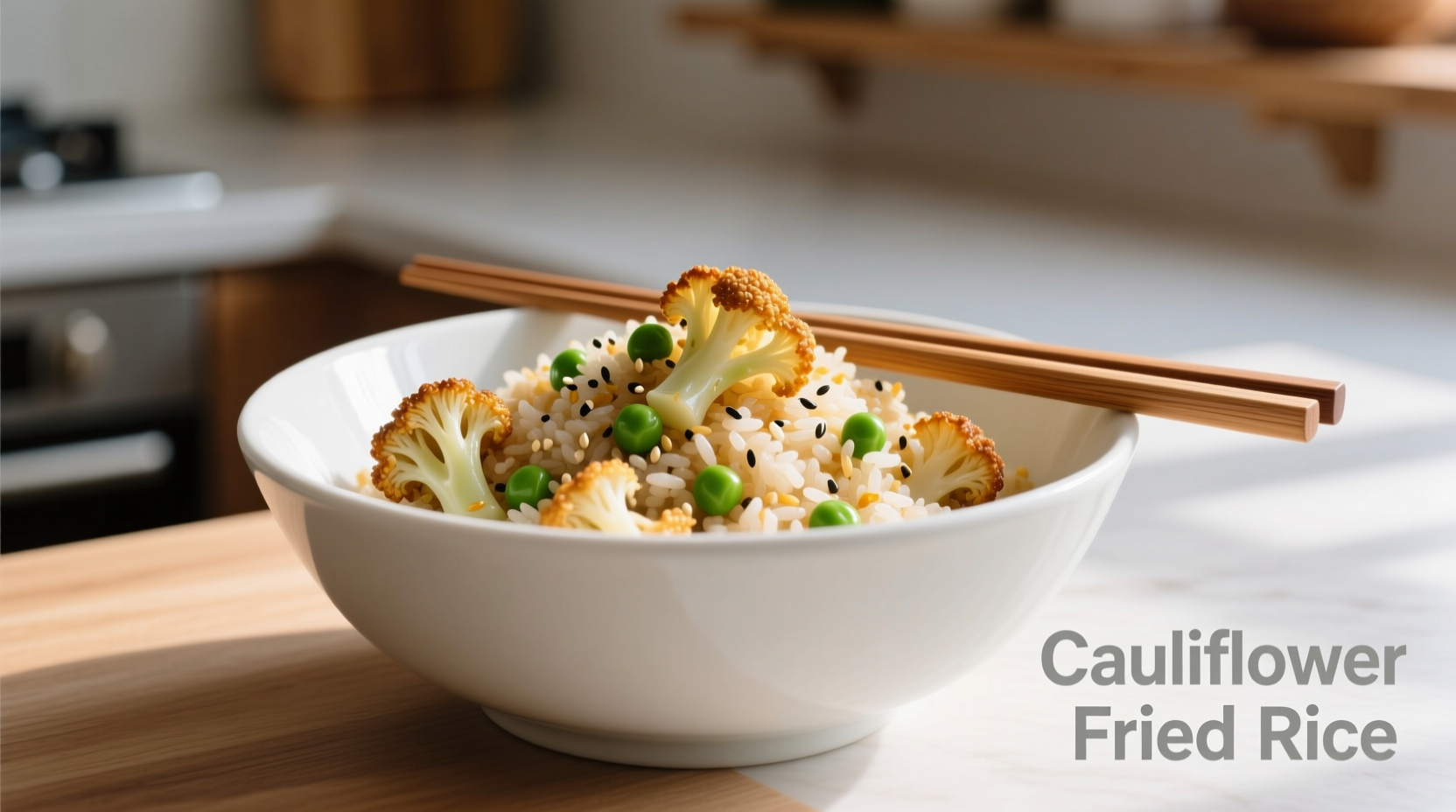 Cauliflower fried rice in white bowl with chopsticks