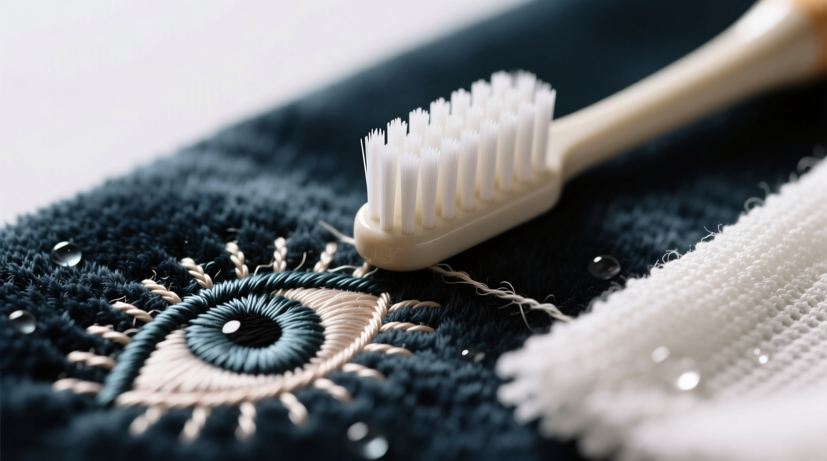 Close-up photo showing a soft-bristled toothbrush gently brushing plush pile parallel to embroidered eye stitches, with a microfiber cloth held nearby for blotting—no water visible on the plush surface