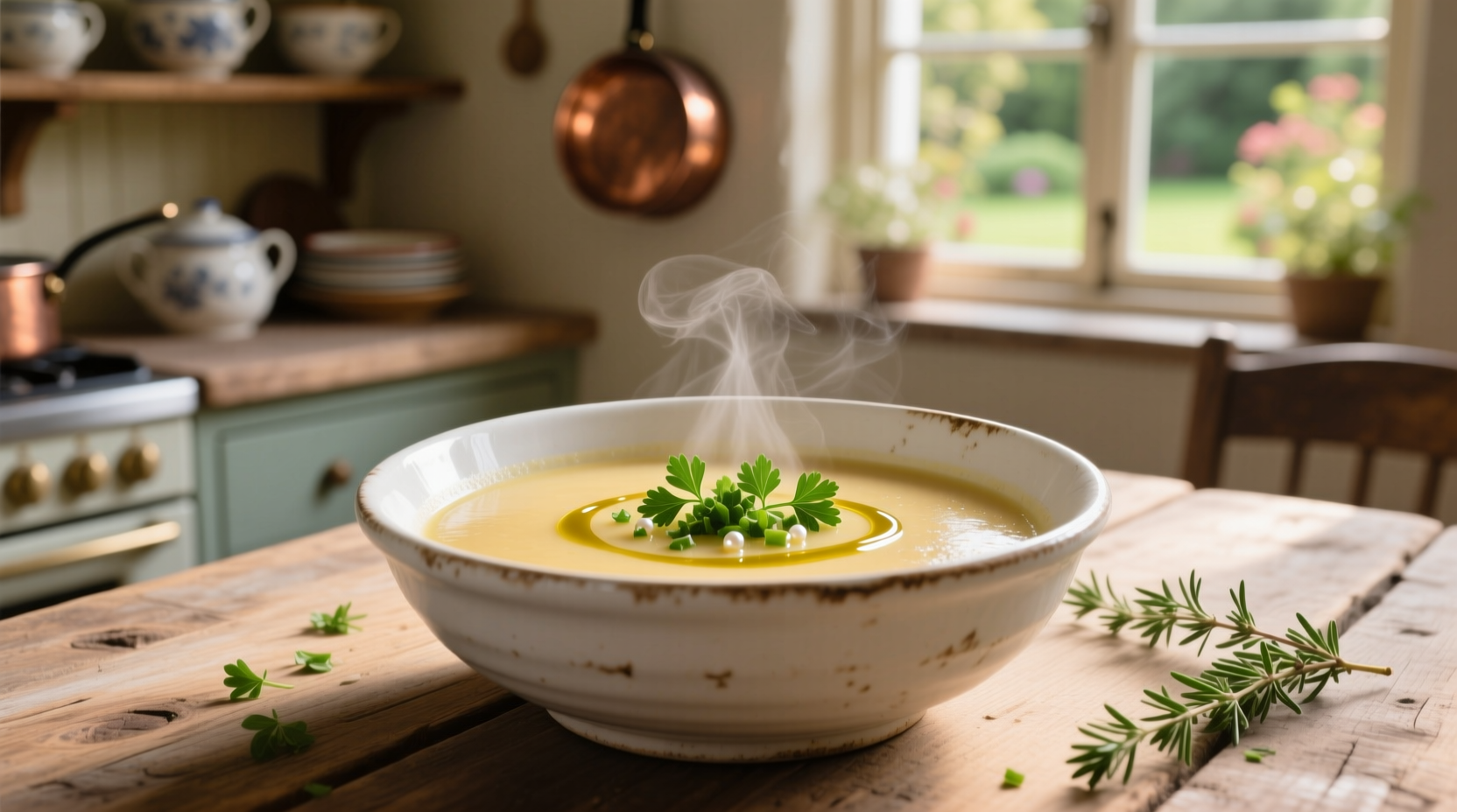 Simple potato soup in white bowl with fresh herbs