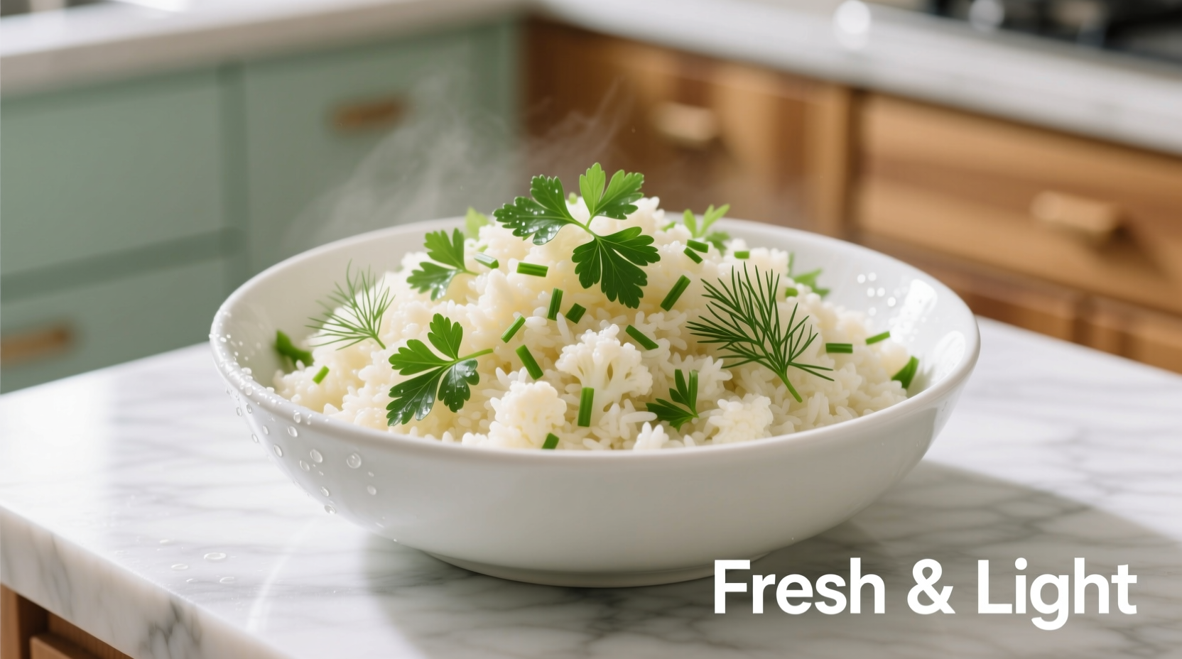 Fresh cauliflower rice in a white bowl with herbs