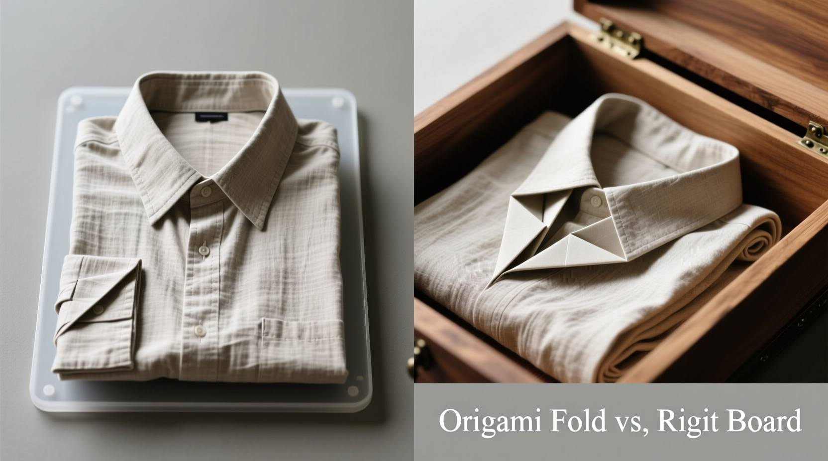 Side-by-side comparison: left shows a linen shirt folded with a rigid plastic board, displaying sharp, deep creases at collar and sleeve; right shows same shirt folded using origami technique, rolled gently with soft curves and no defined fold lines, stored upright in a cedar-lined drawer