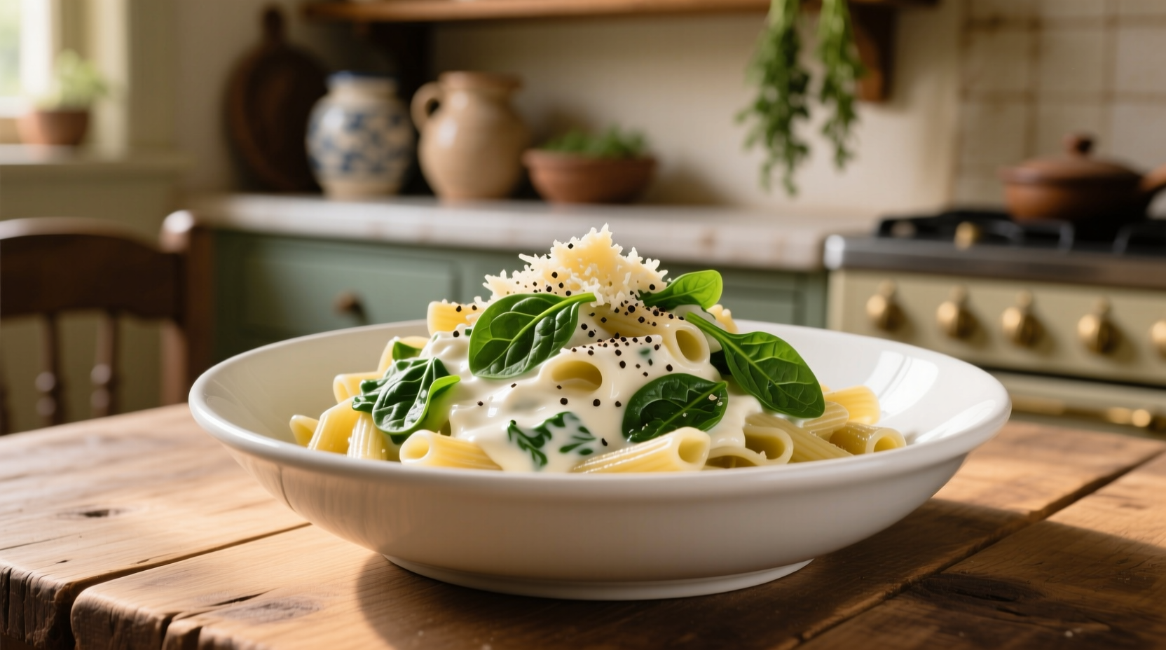 Creamy ricotta spinach pasta in white bowl