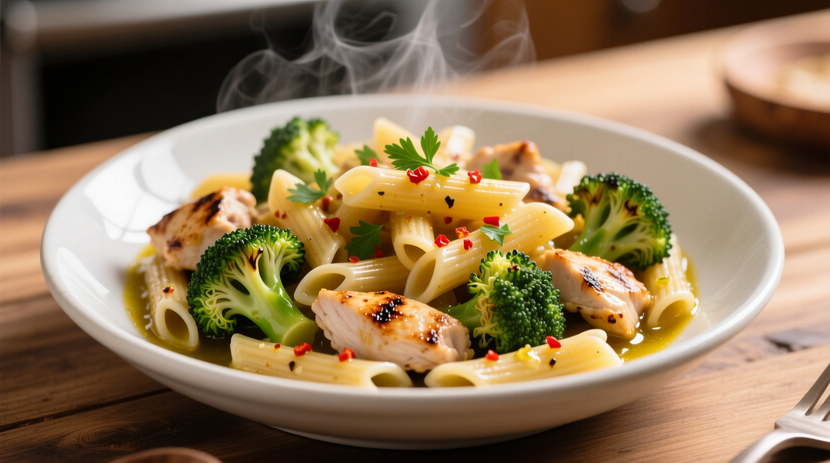 Chicken ziti broccoli in garlic oil sauce