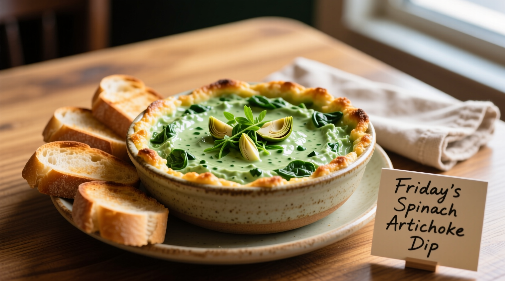 Friday's spinach artichoke dip served with toasted bread