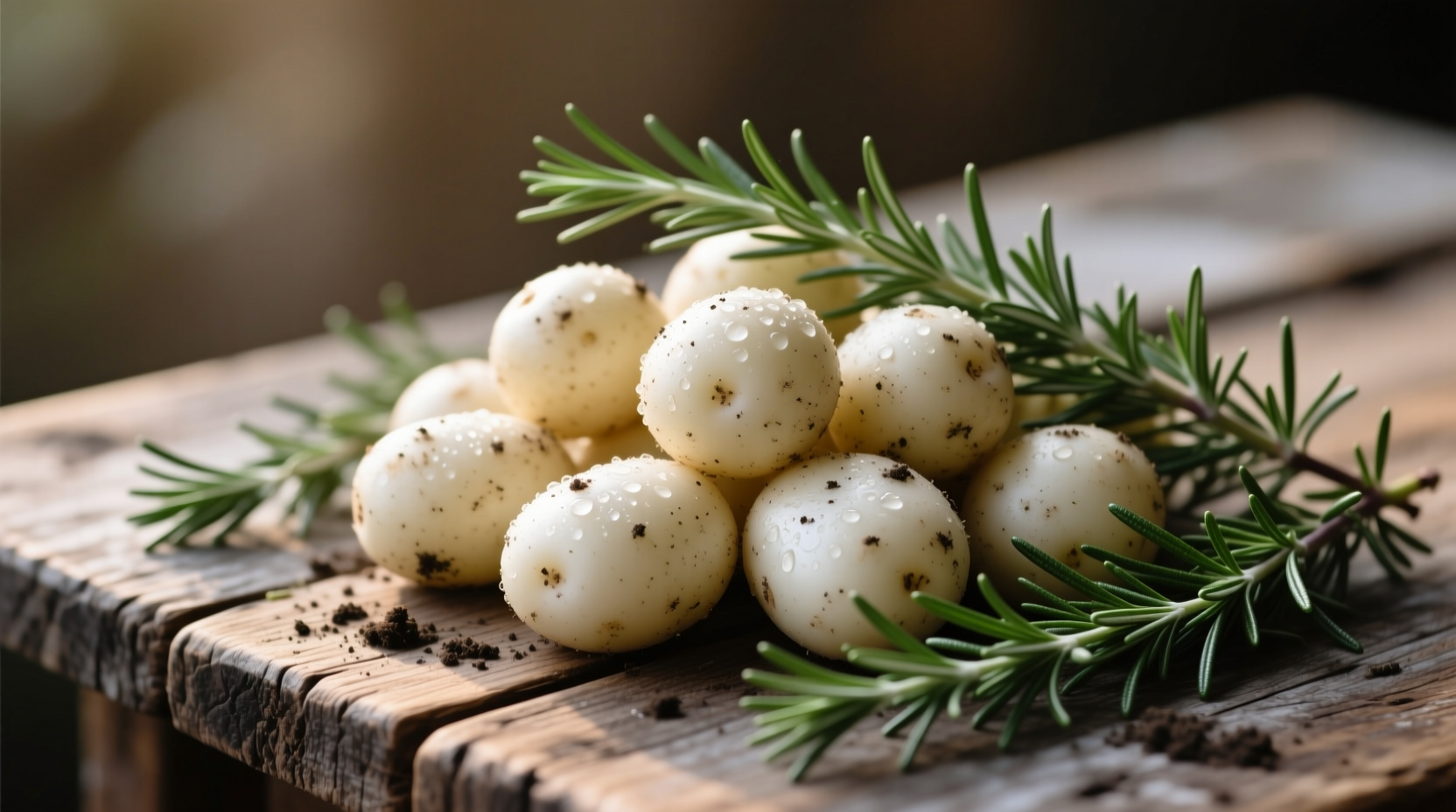 Fresh white potatoes with sprigs of rosemary on wooden table