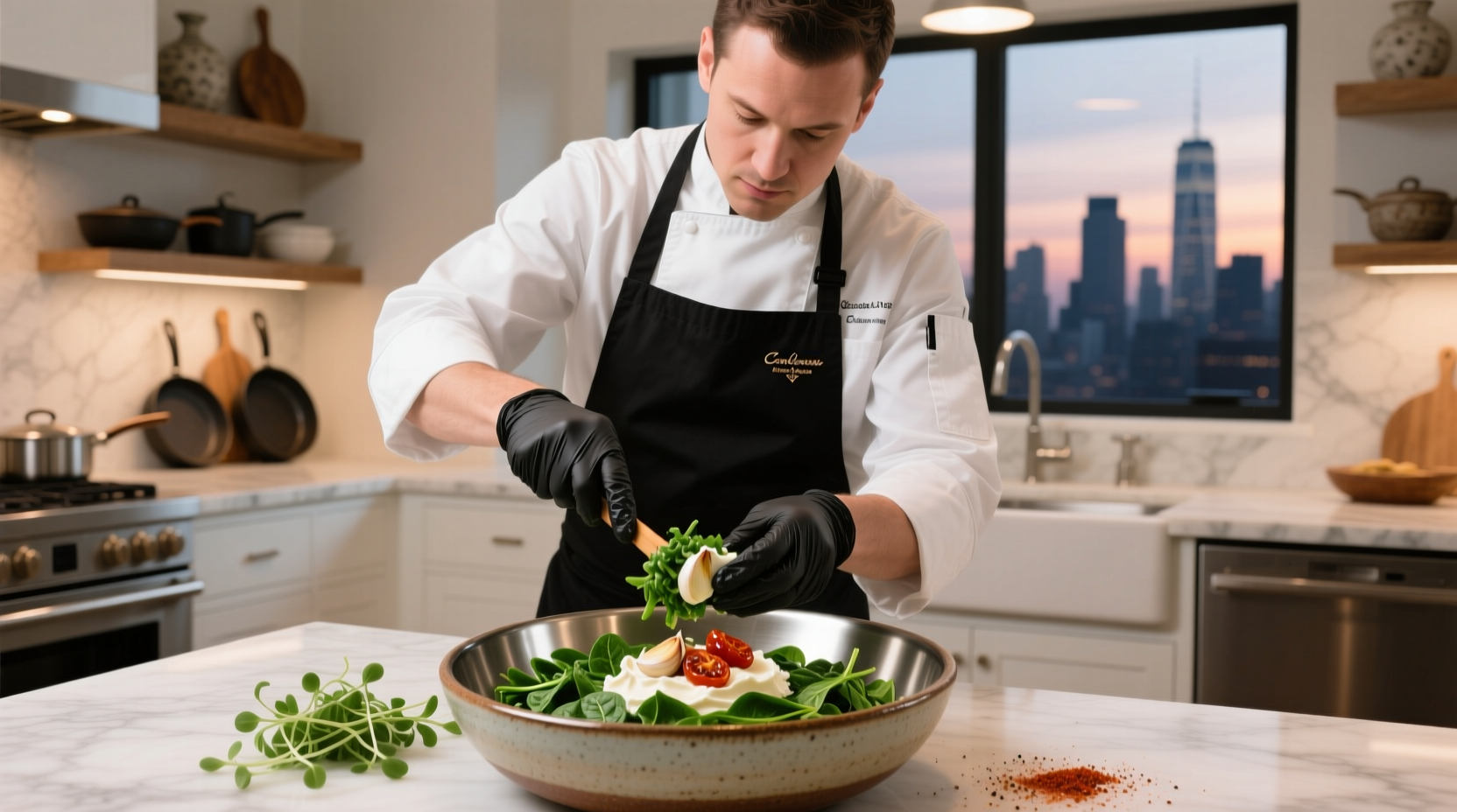 Professional chef preparing enhanced spinach dip