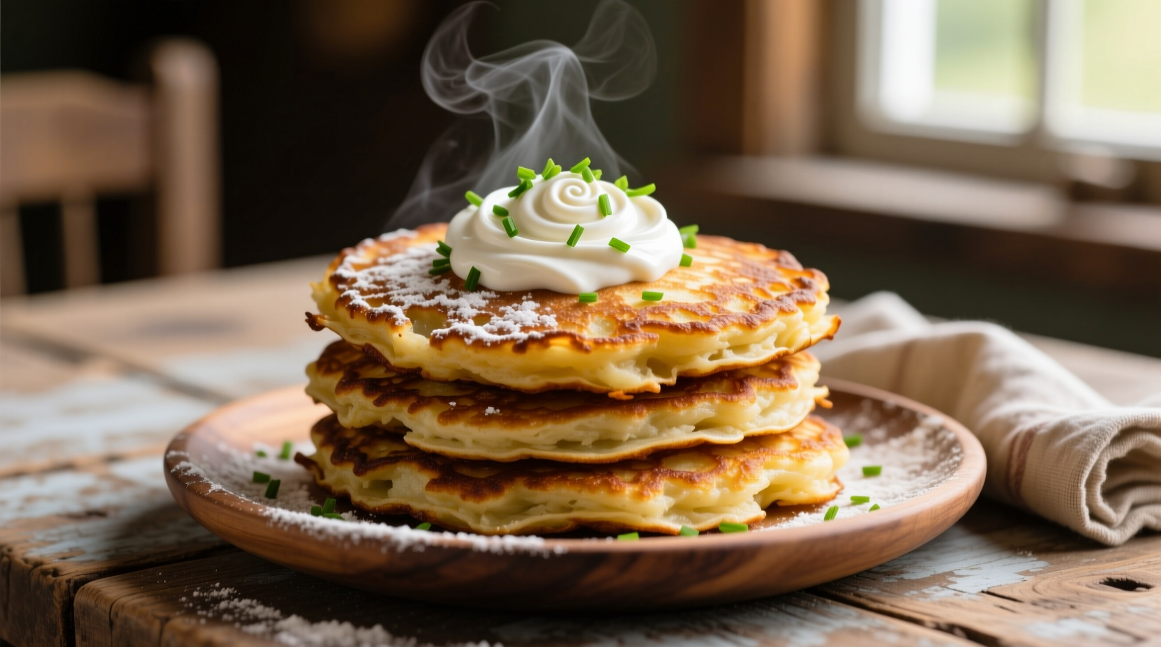 Crispy golden mashed potato pancakes served with sour cream and chives