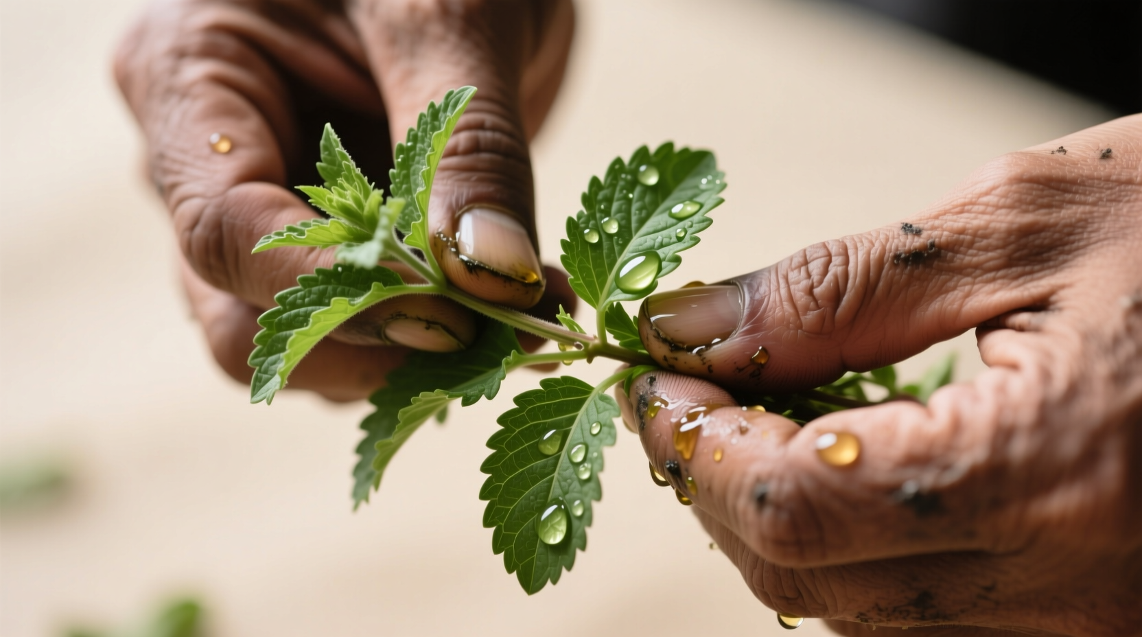 Close-up of hands crushing citronella grass leaves releasing aromatic oils for mosquito repellent application