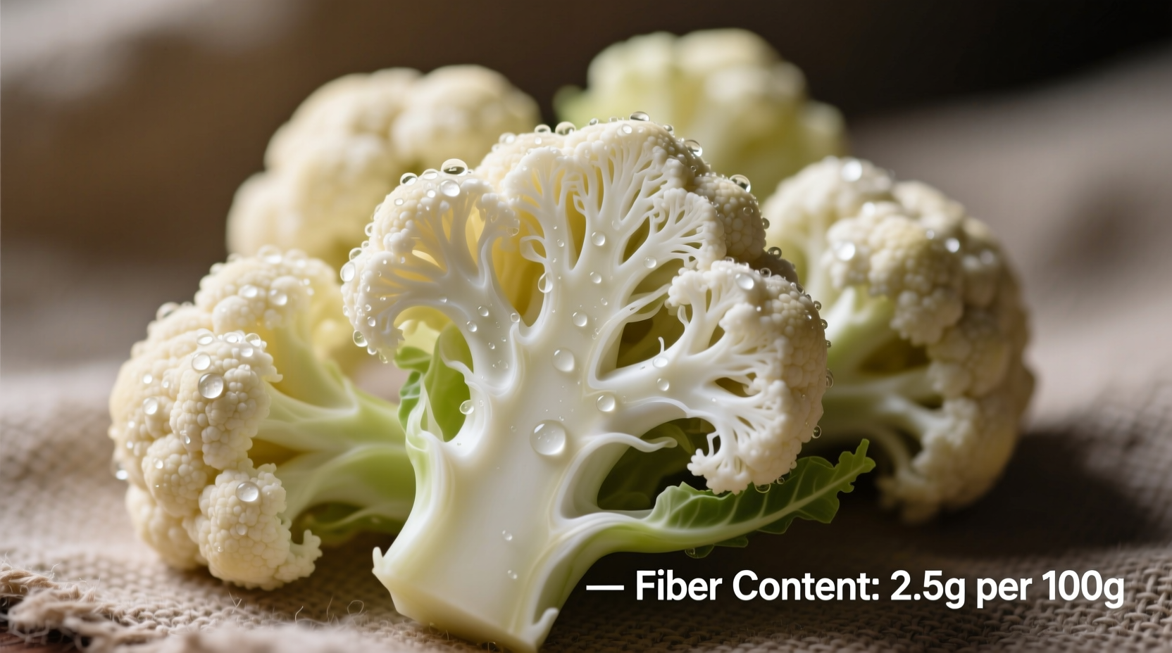 Fresh cauliflower florets with fiber content details