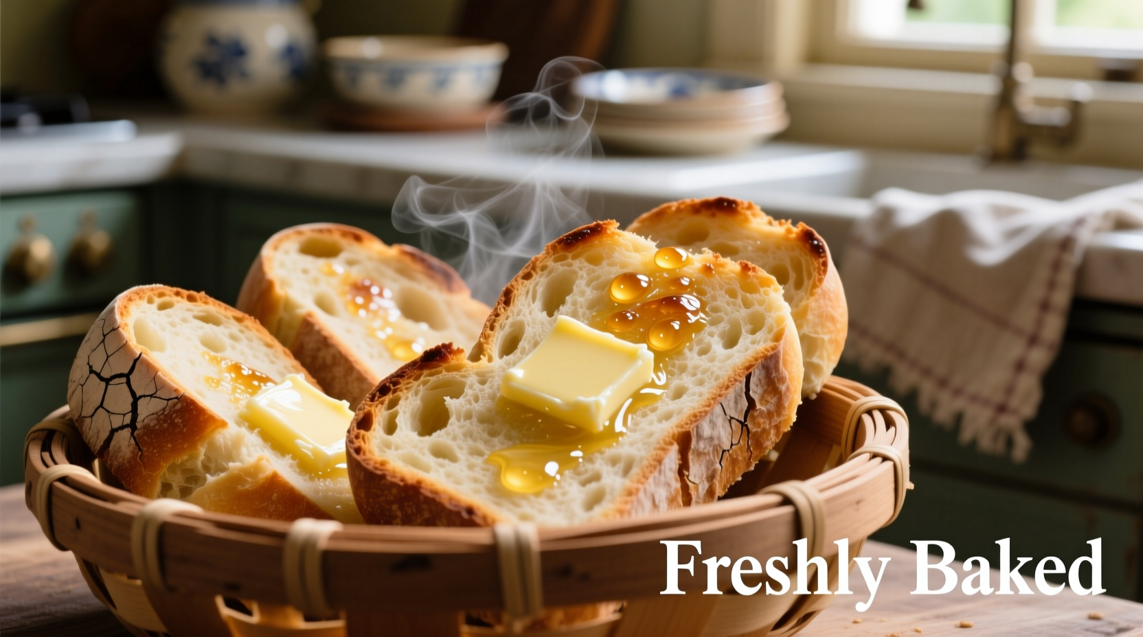 Freshly baked garlic bread slices with melted butter