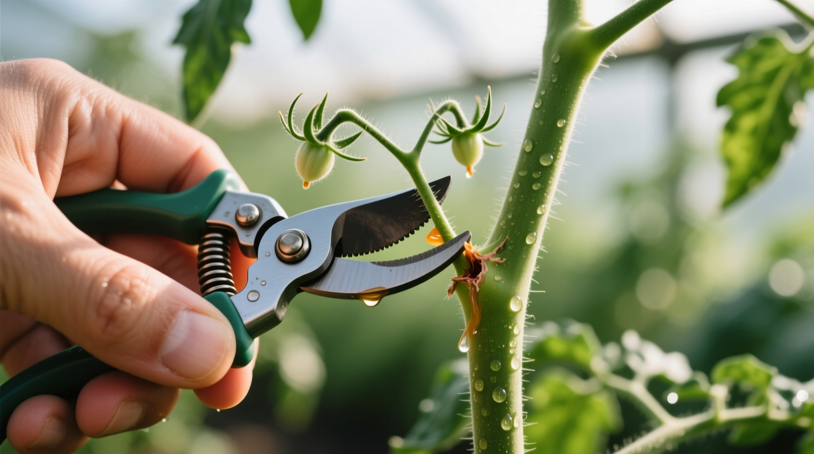 Close-up of hand pruning tomato suckers with clean cuts