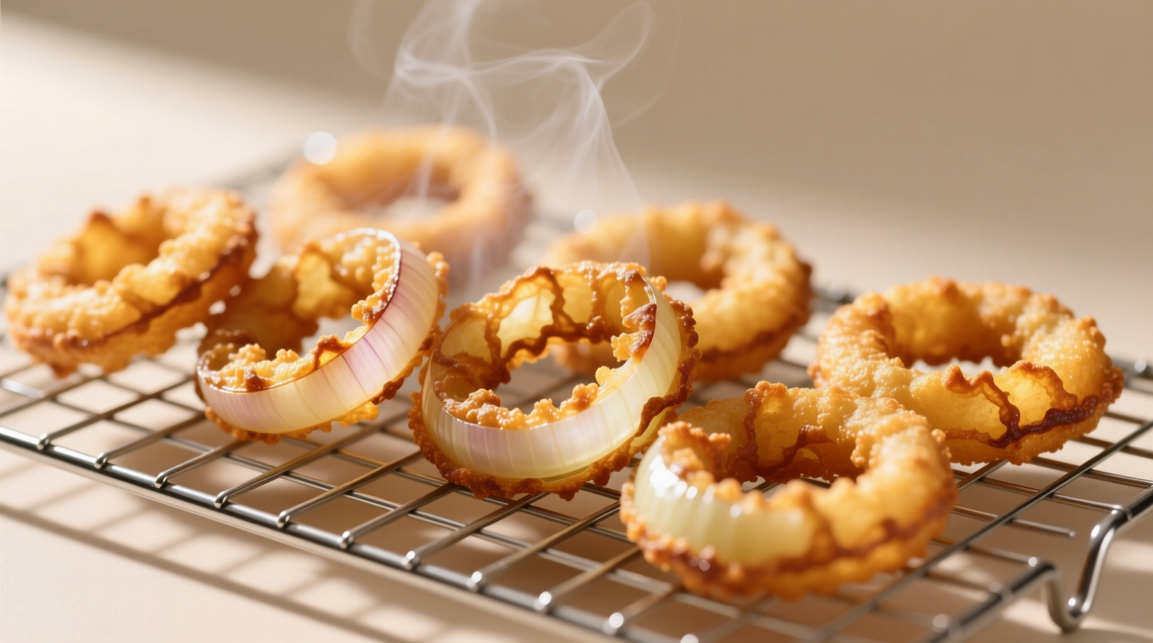 Perfect golden brown onion rings on wire rack