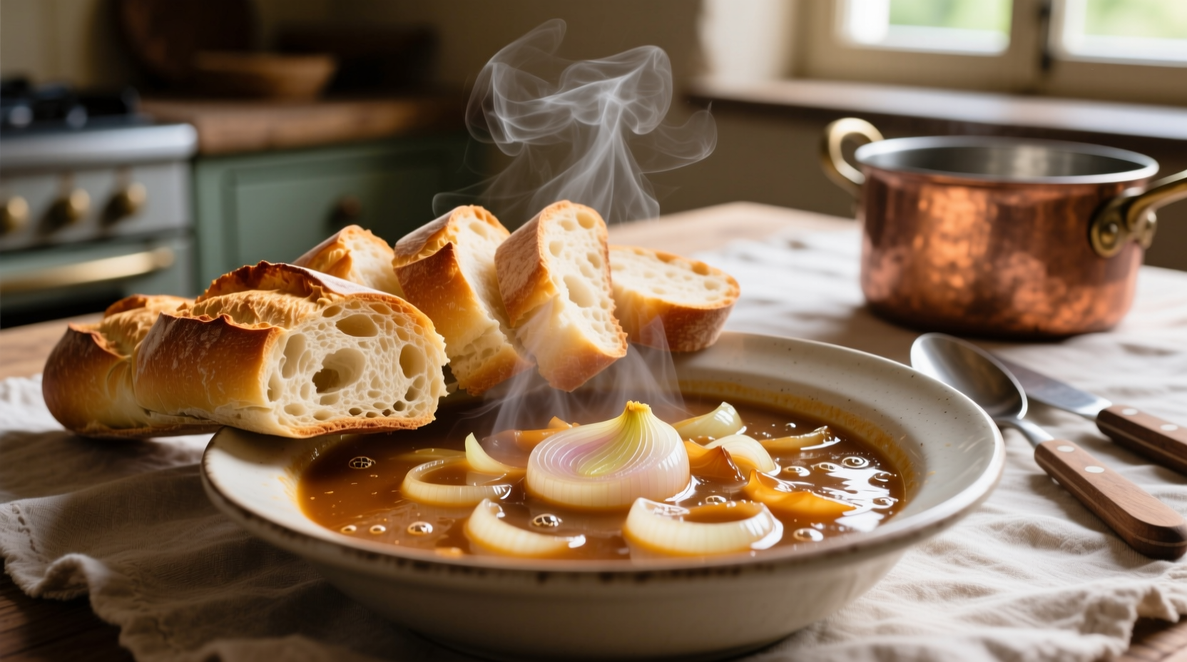 Sliced baguette arranged over bubbling French onion soup