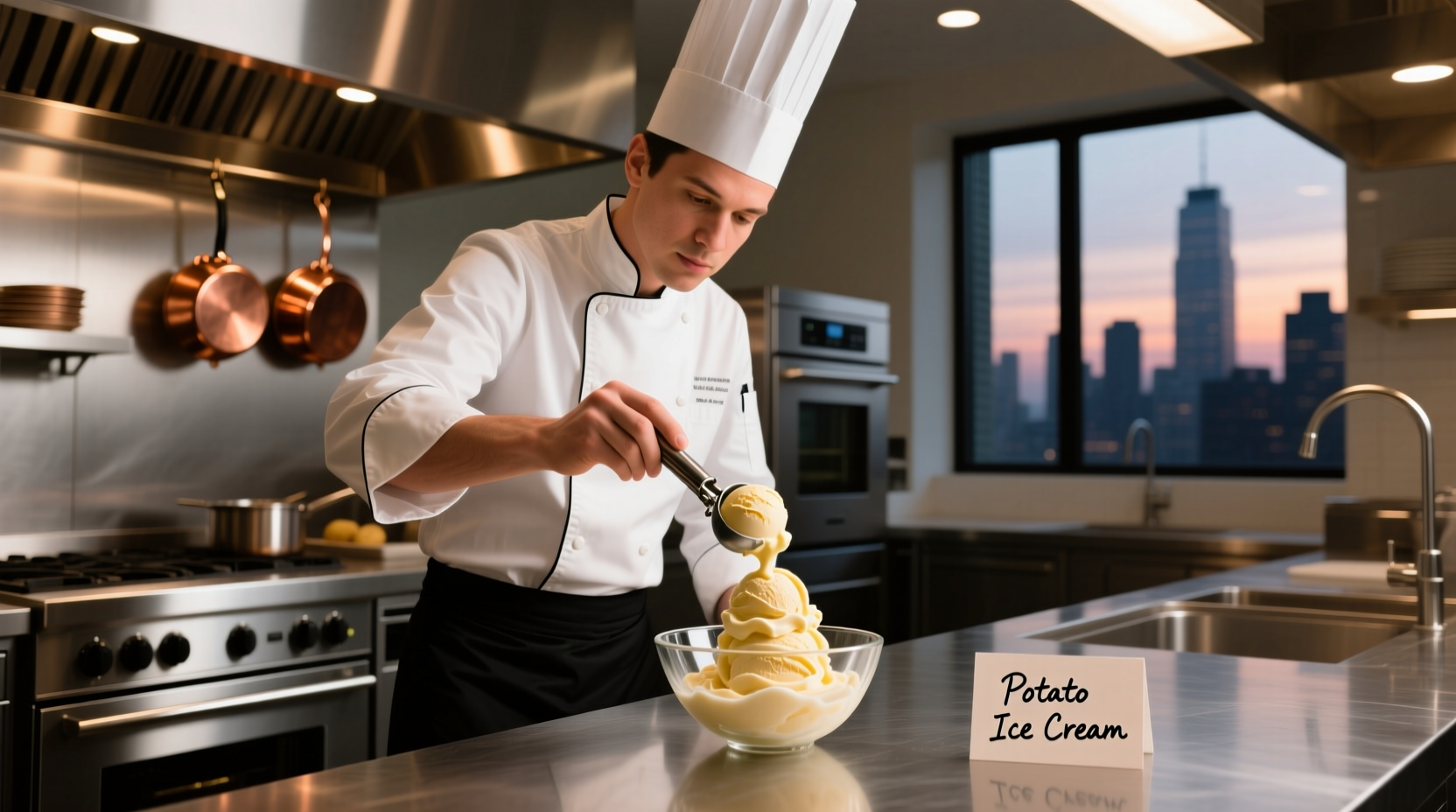 Chef preparing potato ice cream in professional kitchen