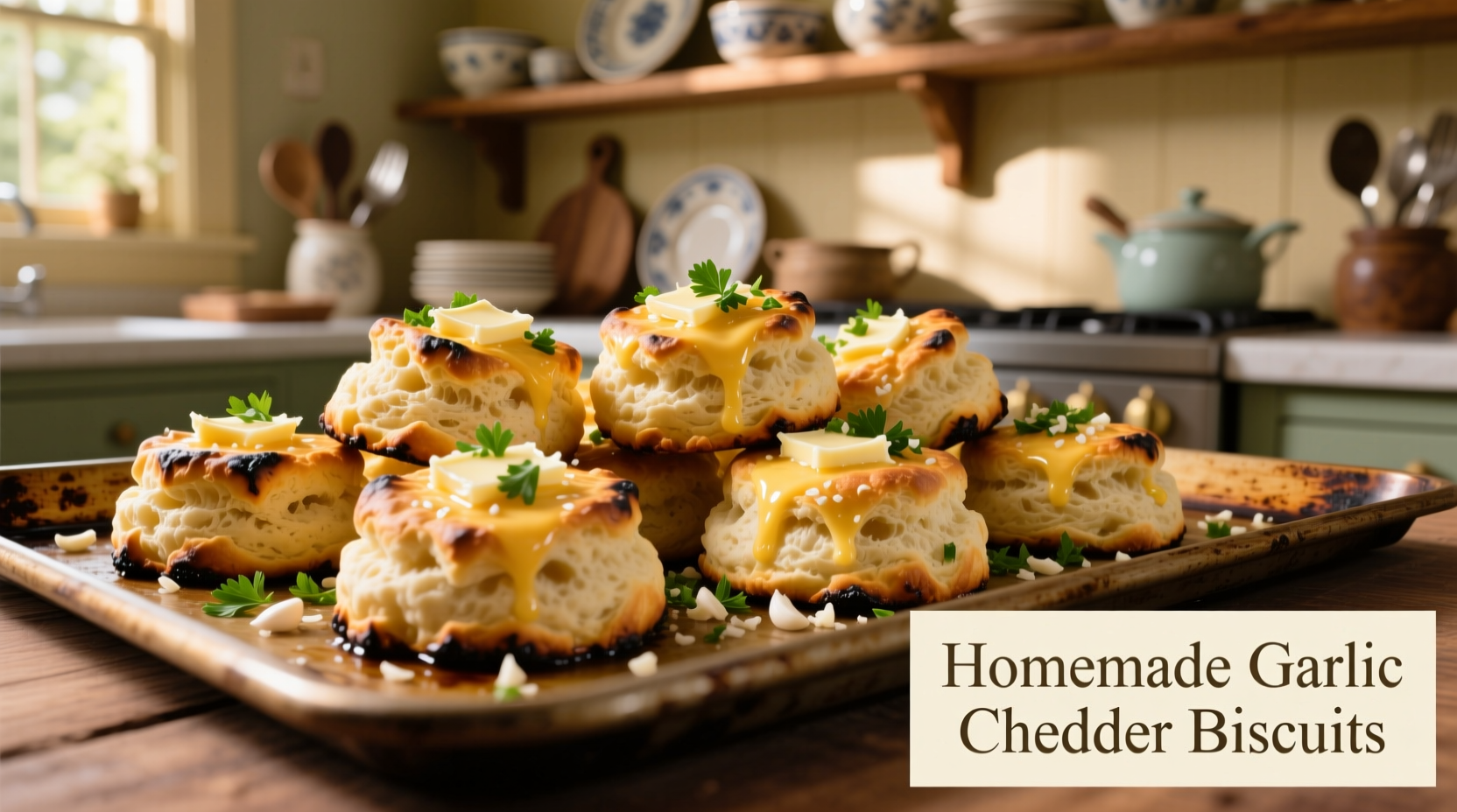 Golden cheddar garlic biscuits on baking sheet