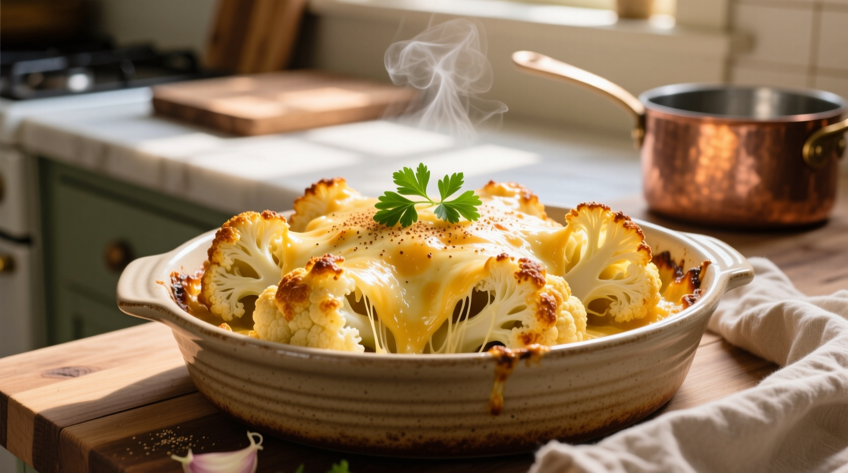 Golden baked cauliflower with melted cheese topping