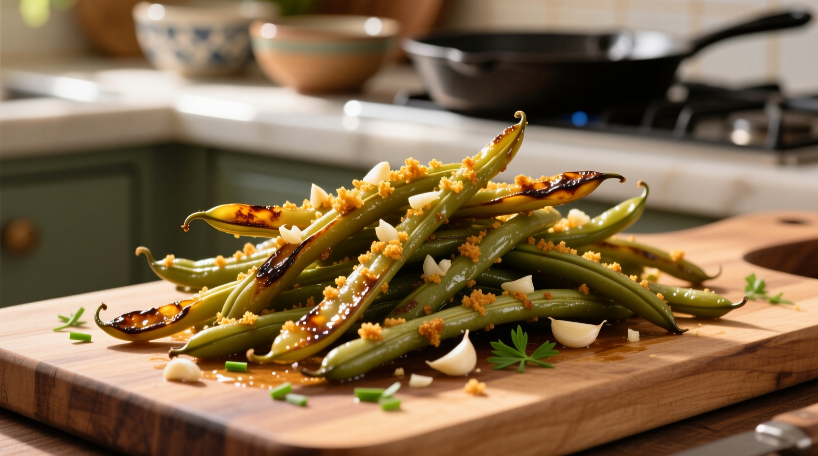 Perfectly sautéed string beans with golden garlic