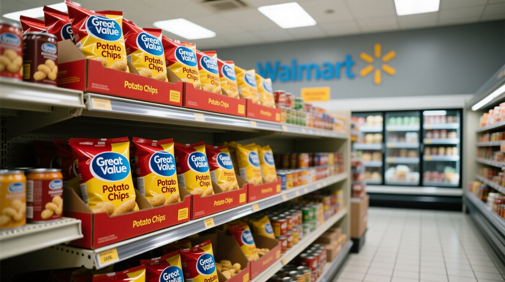 Walmart Great Value potato chips display in grocery aisle
