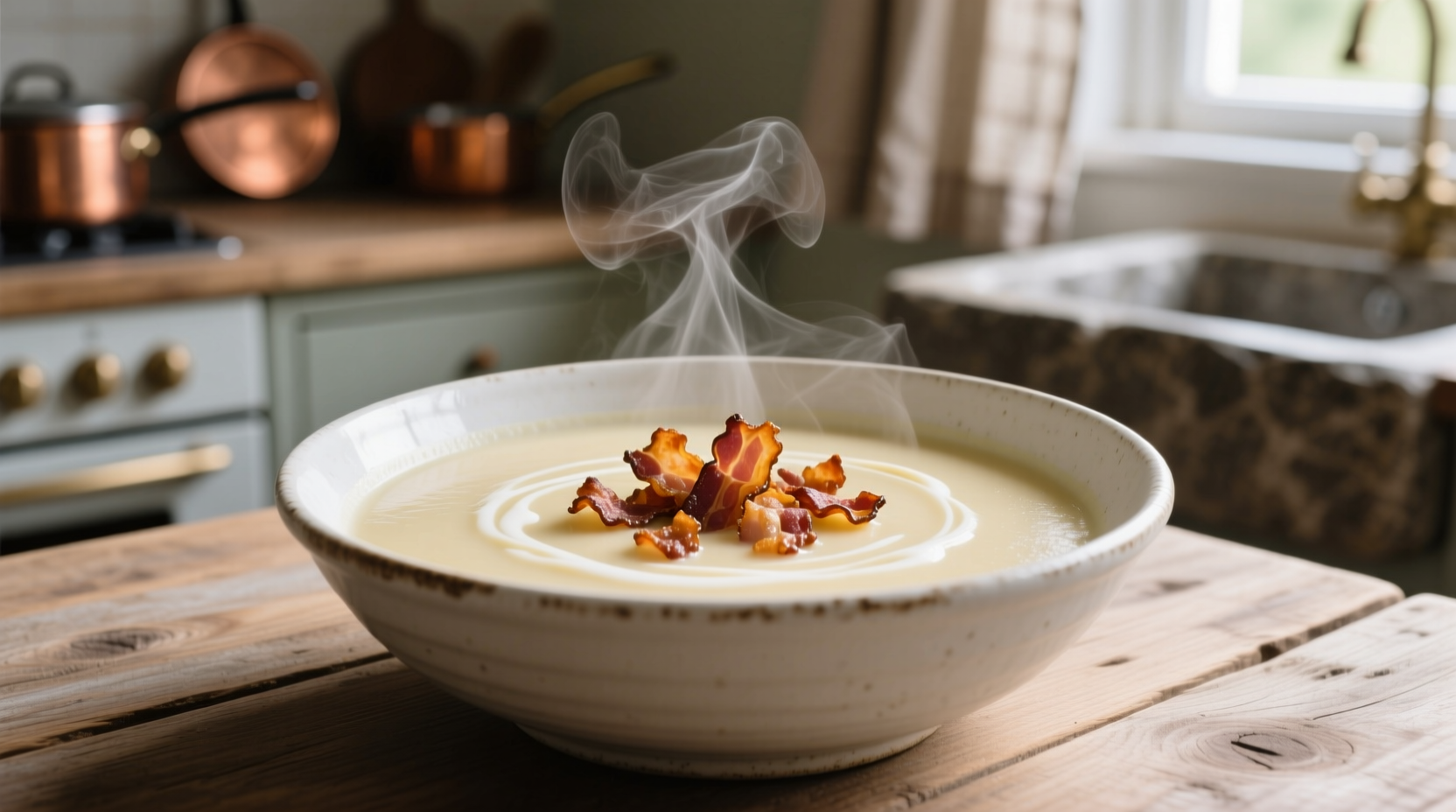 Kartoffelsuppe mit Speck serviert