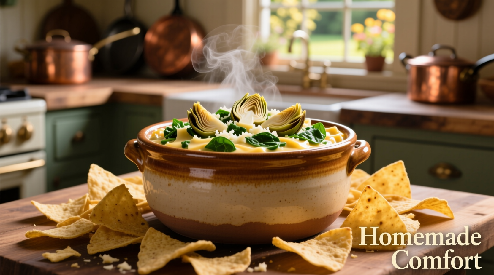 Creamy spinach artichoke dip served in crockpot with tortilla chips
