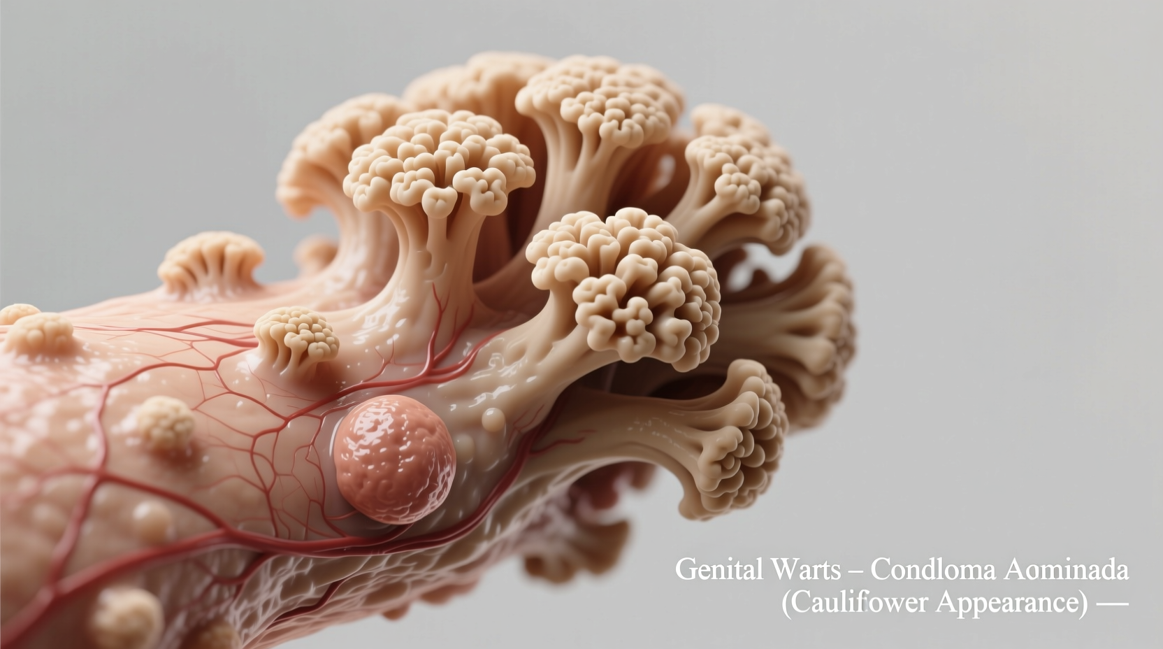 Close-up view of genital warts showing characteristic cauliflower-like appearance