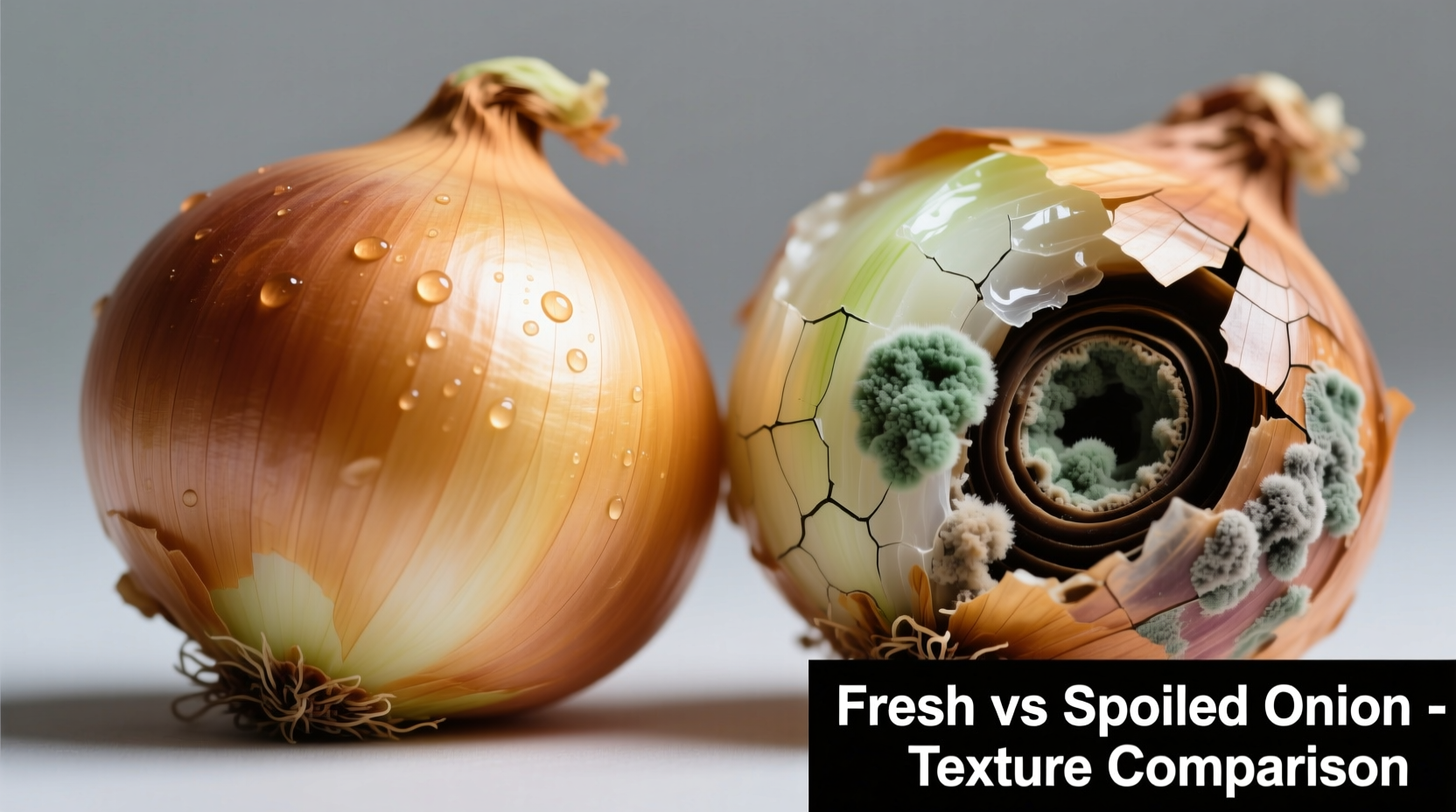 Close-up comparison of fresh versus spoiled onions showing texture differences