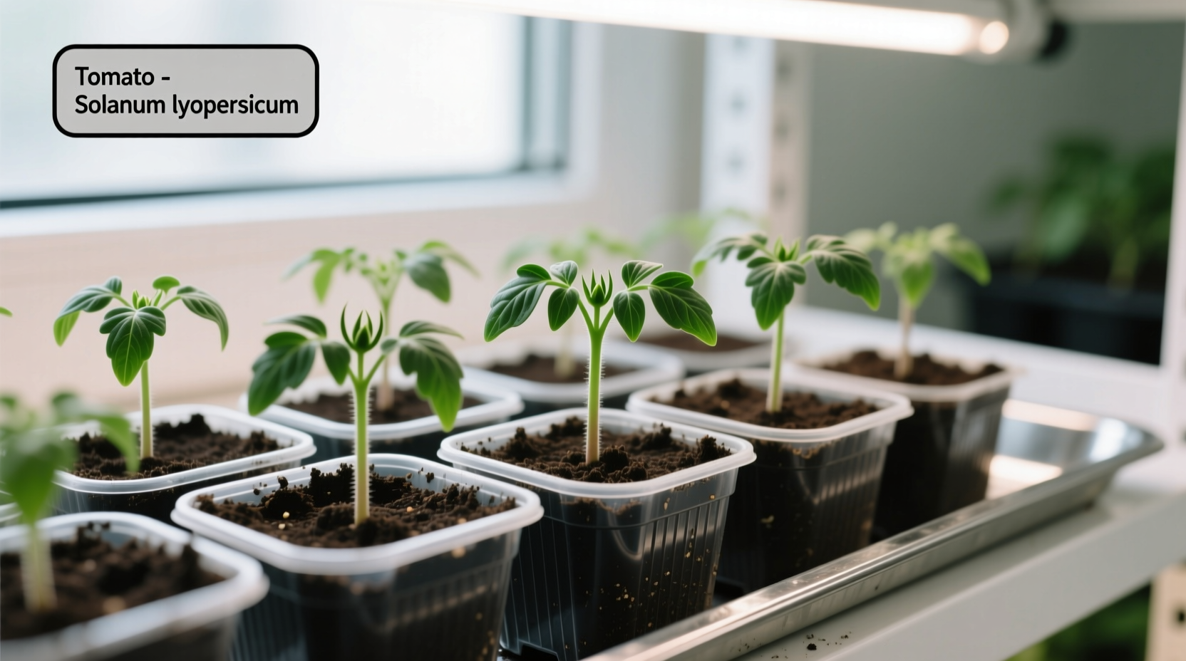 Tomato seedlings in starter pots with proper spacing