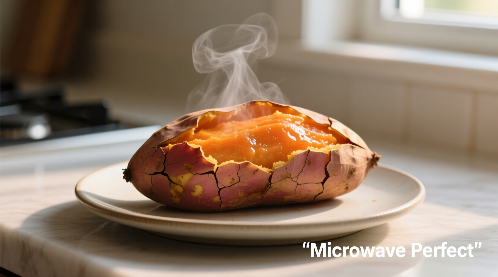 Perfectly cooked microwave sweet potato on plate