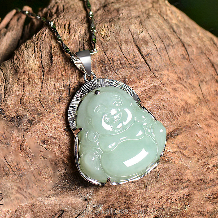 天然玉佛吊坠女银镶玉浅绿色佛玉吊坠首饰