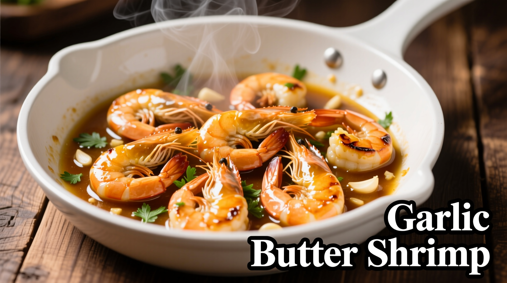 Golden garlic butter sautéed shrimp in white skillet