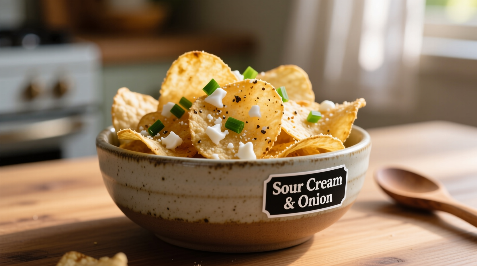 Close-up of Pop Chips Sour Cream and Onion in a bowl