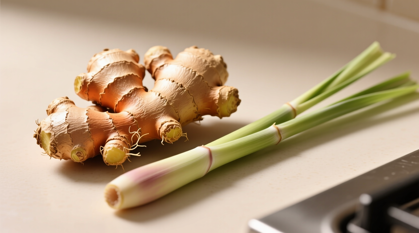 Close-up of fresh ginger root next to lemongrass stalks showing visual similarities in fibrous texture