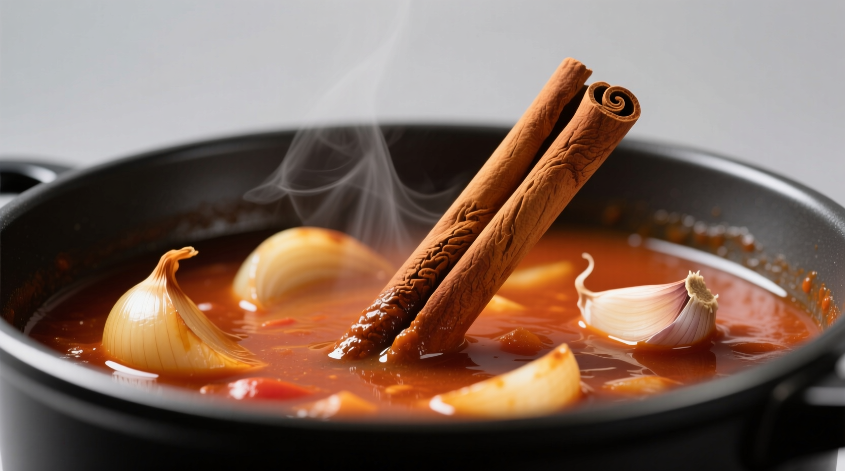 Cinnamon stick simmering in a pot of tomato-based stew with onions and garlic