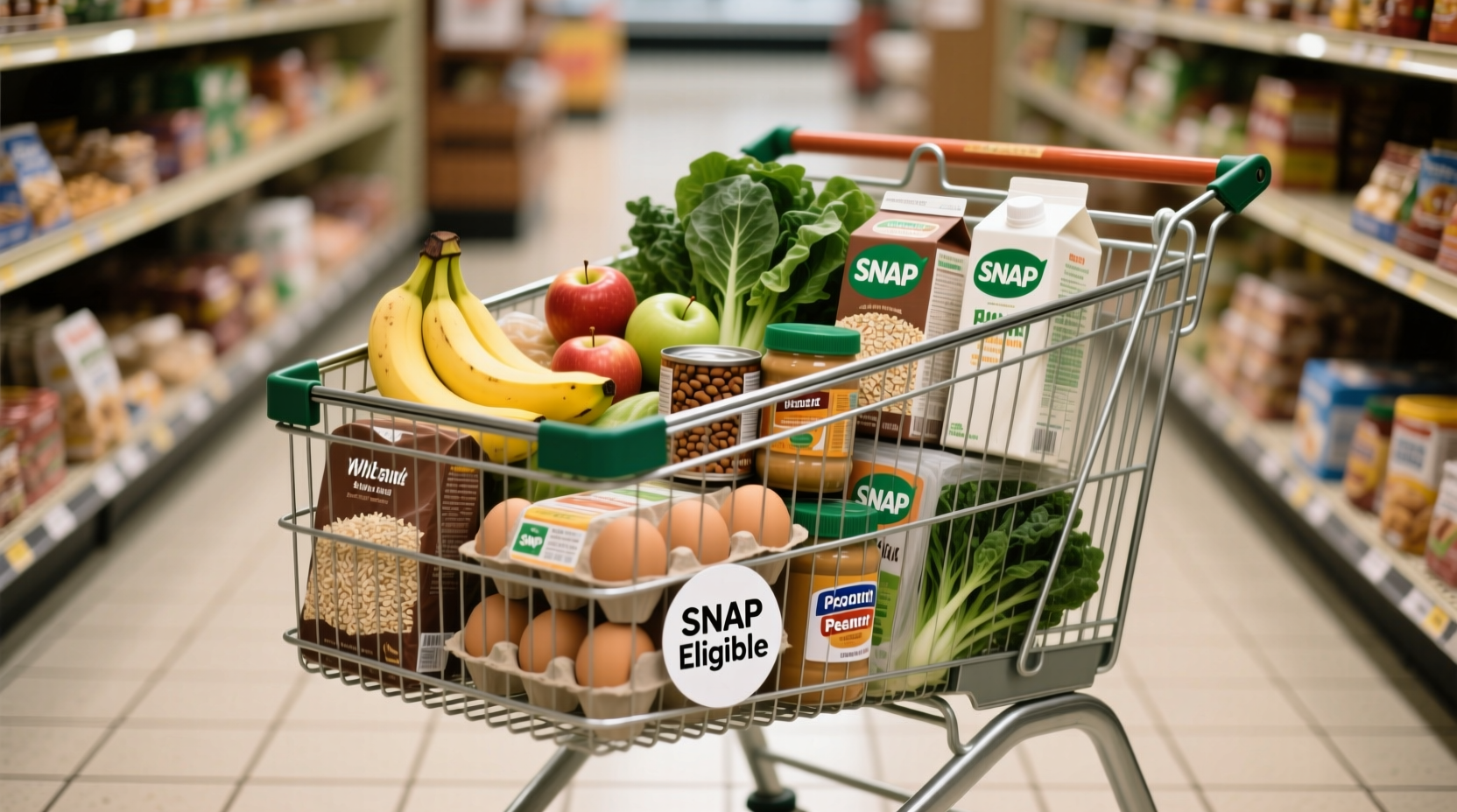 SNAP eligible grocery items on shopping cart
