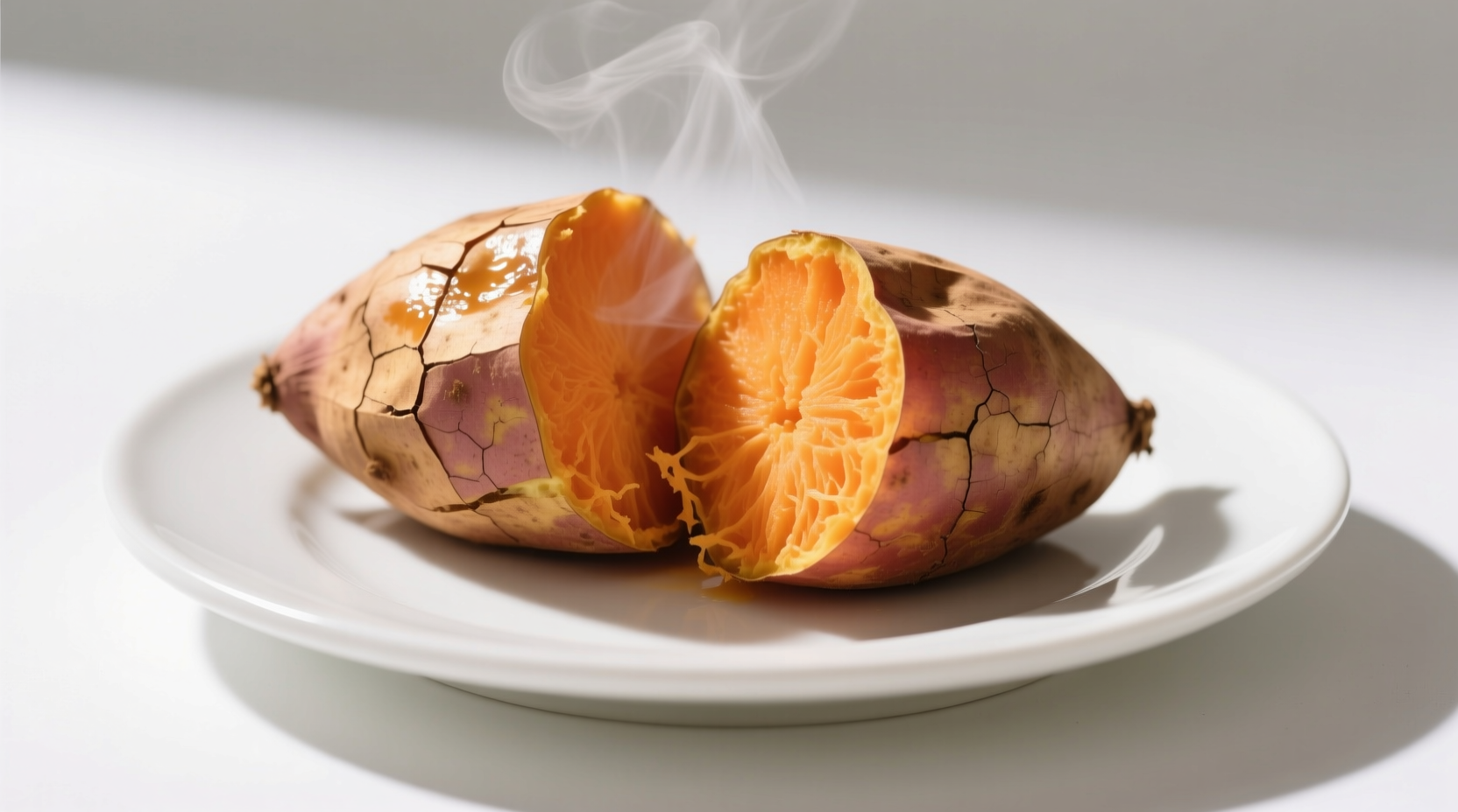 Medium baked sweet potato on white plate