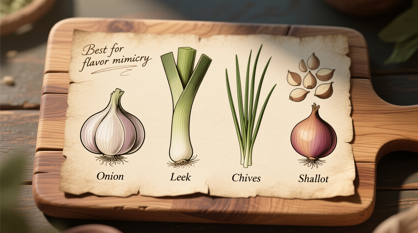 Garlic substitutes comparison chart on wooden cutting board