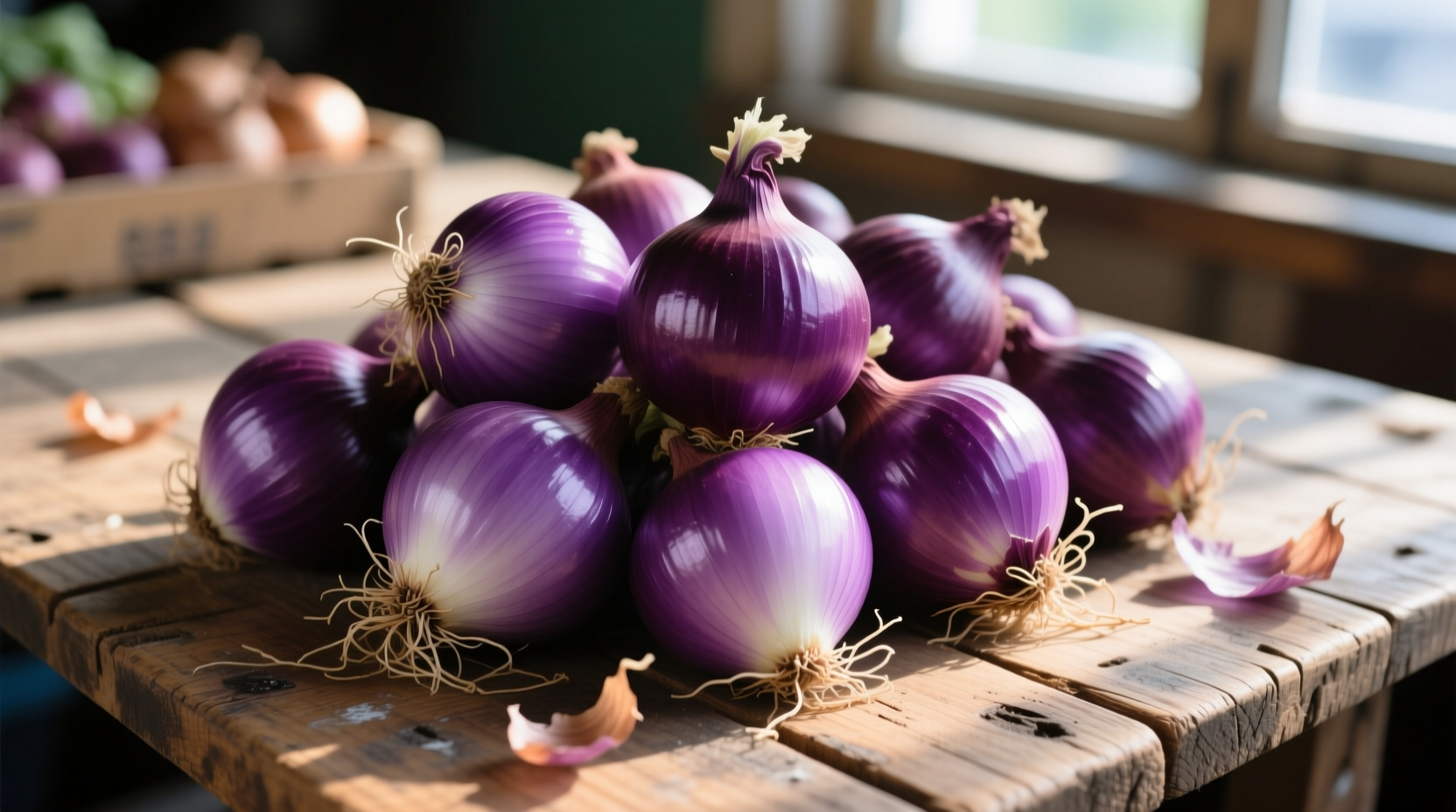 Fresh purple onions on wooden market table