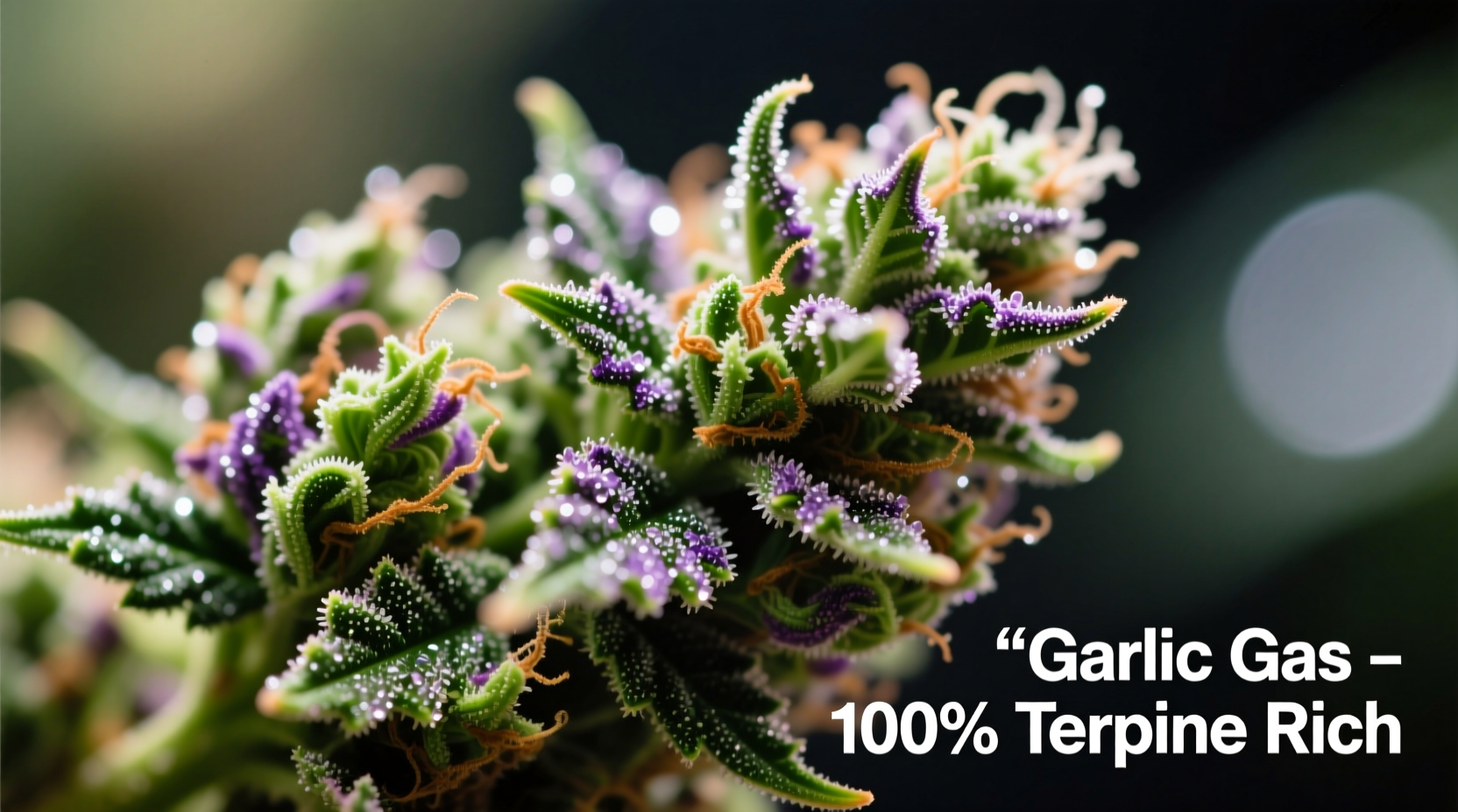Close-up of Garlic Gas cannabis buds showing dense structure and trichome coverage