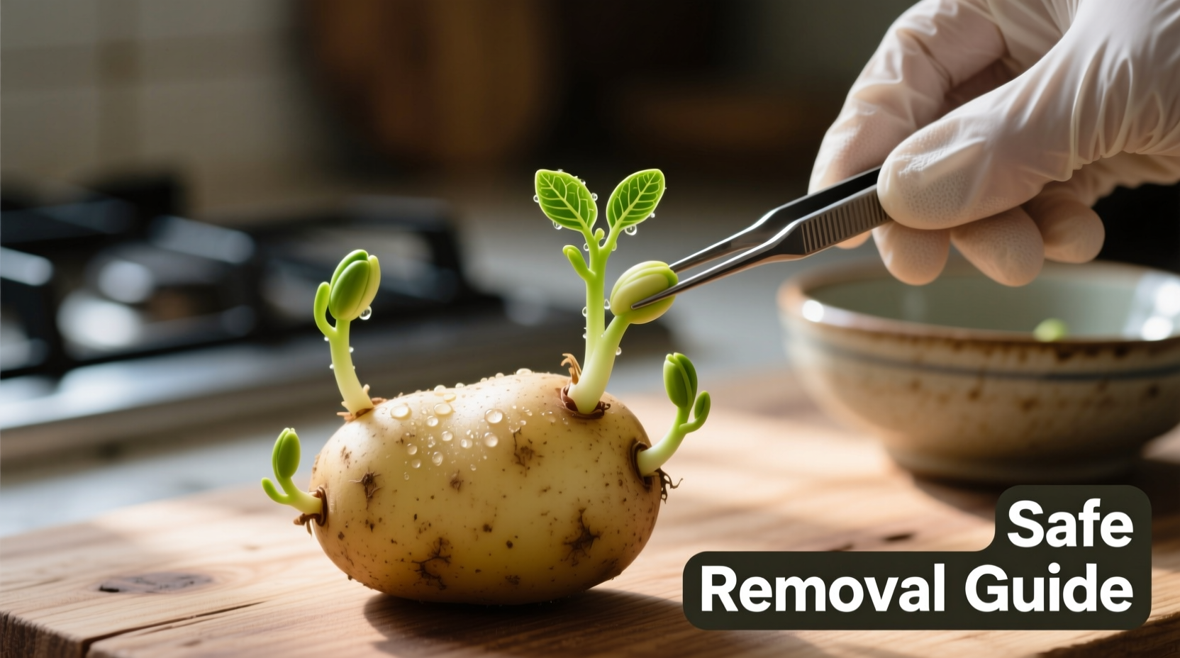 Close-up of sprouted potatoes with safe removal demonstration