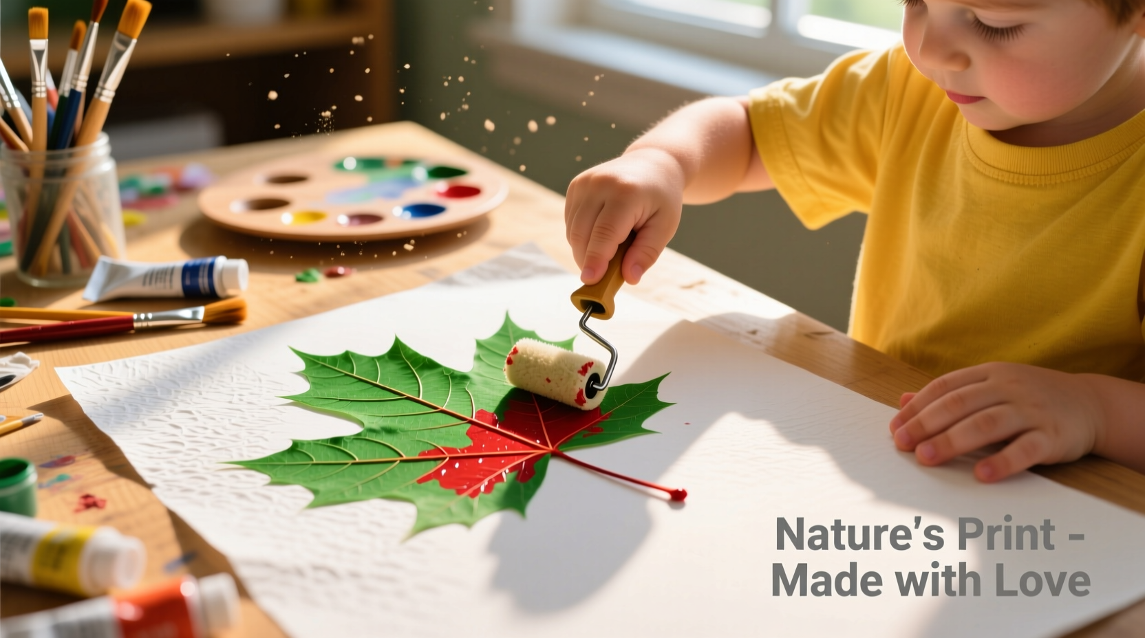 Child pressing leaf onto paper with paint roller