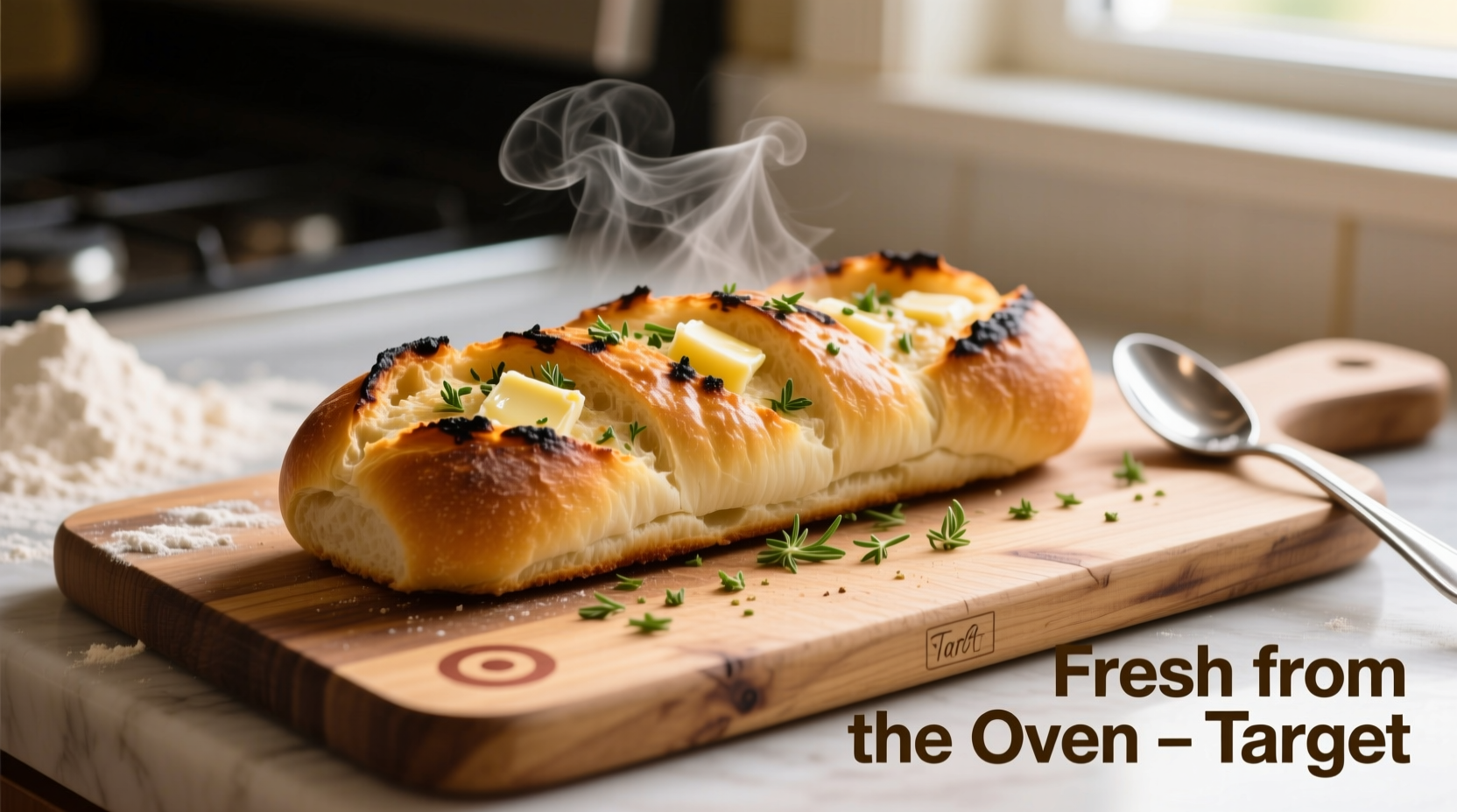 Freshly baked garlic bread from Target on wooden cutting board