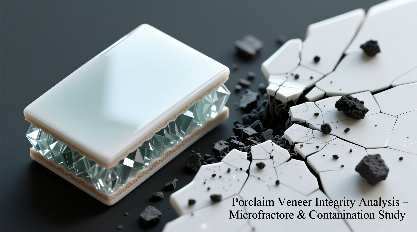 Microscopic cross-section showing intact porcelain veneer glaze versus scratched surface with embedded charcoal particles and microfractures