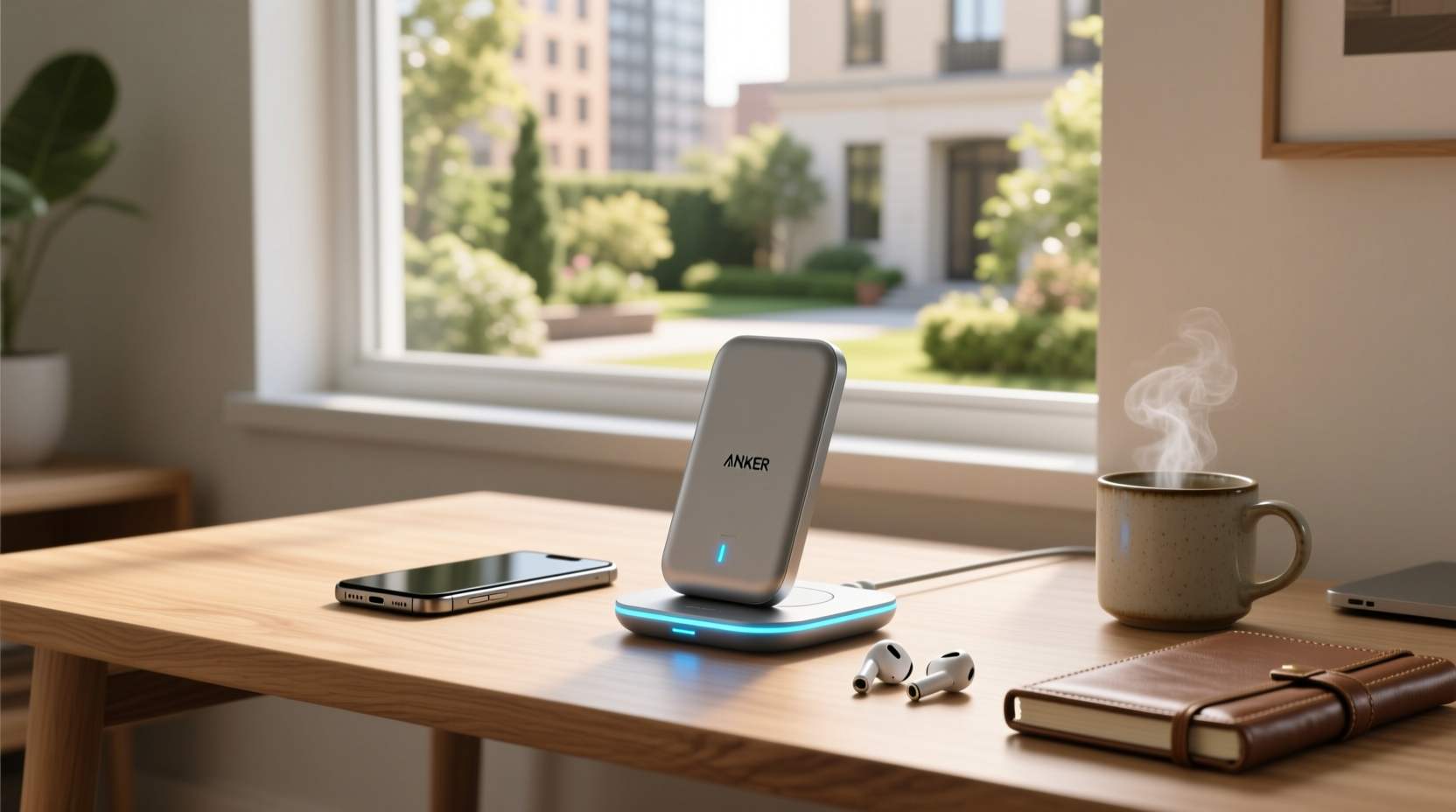 Anker wireless charger stand on wooden desk