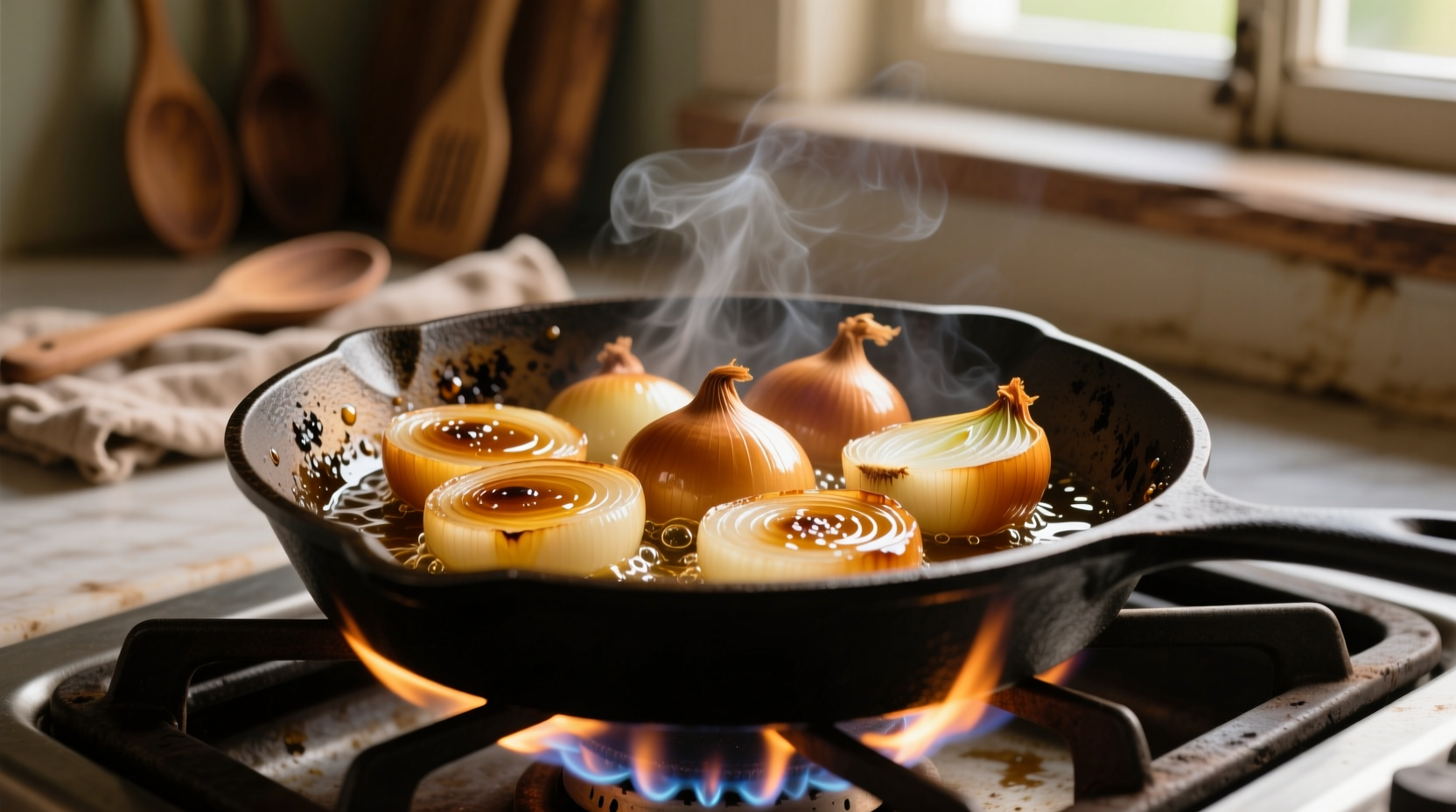 Caramelized onions sizzling in cast iron skillet