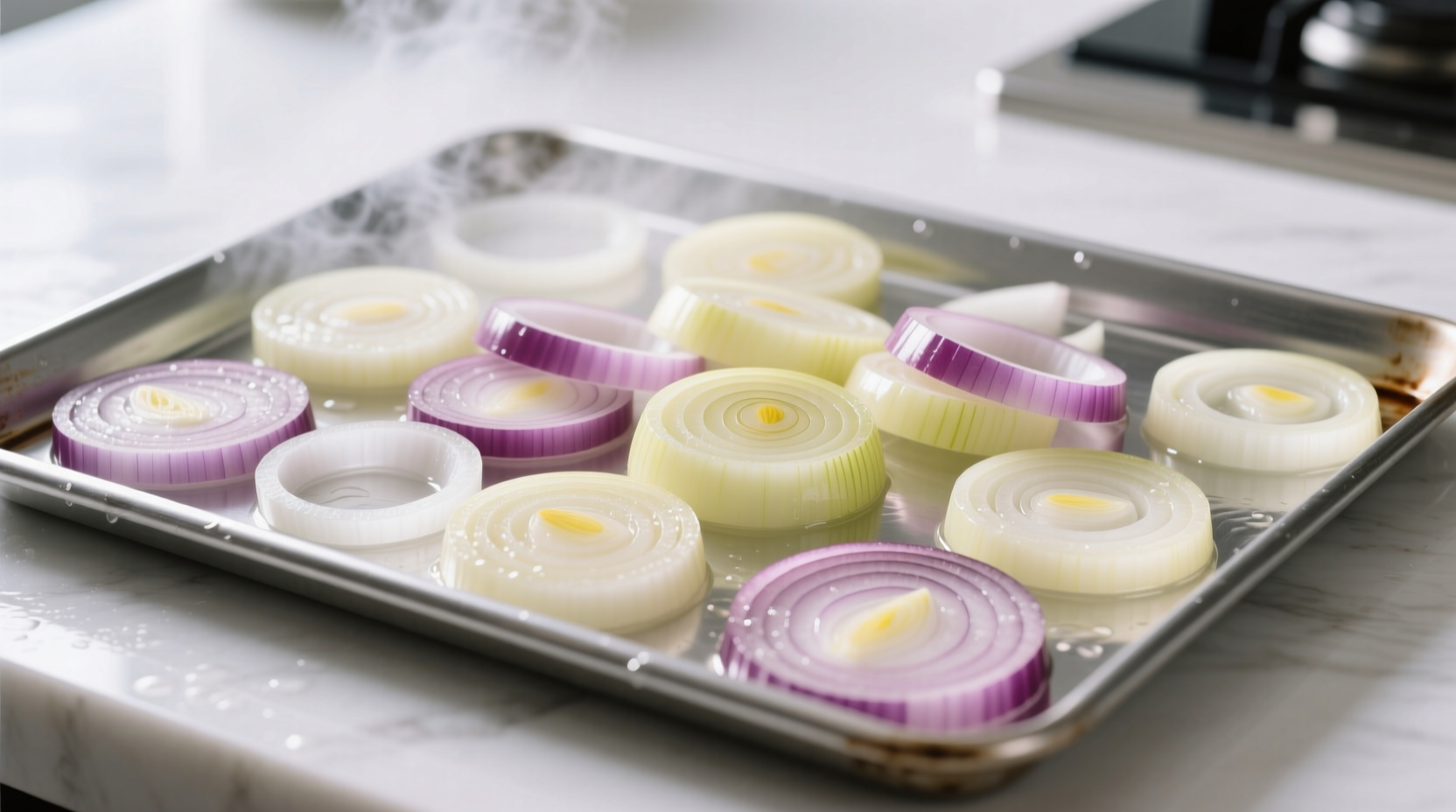 Chopped onions spread on baking sheet for flash freezing
