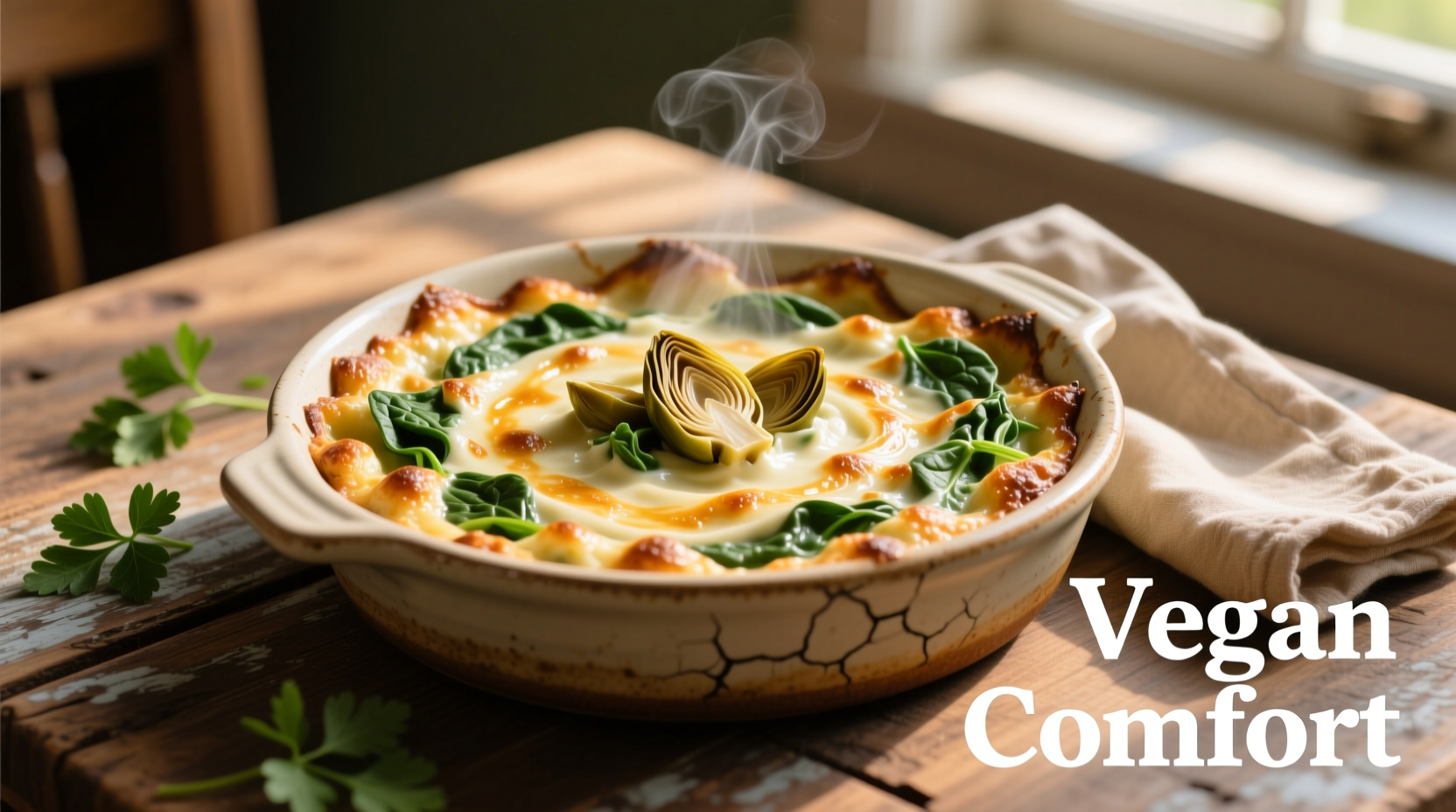 Creamy vegan spinach artichoke dip in baking dish