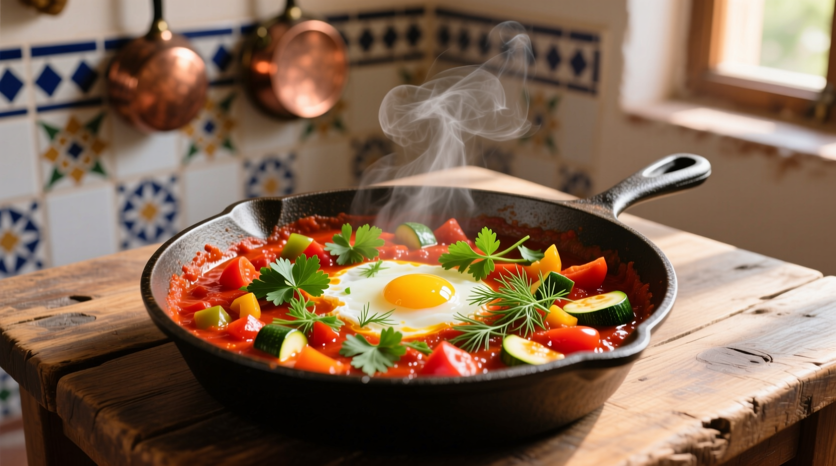 Colorful shakshuka in cast iron skillet with fresh herbs